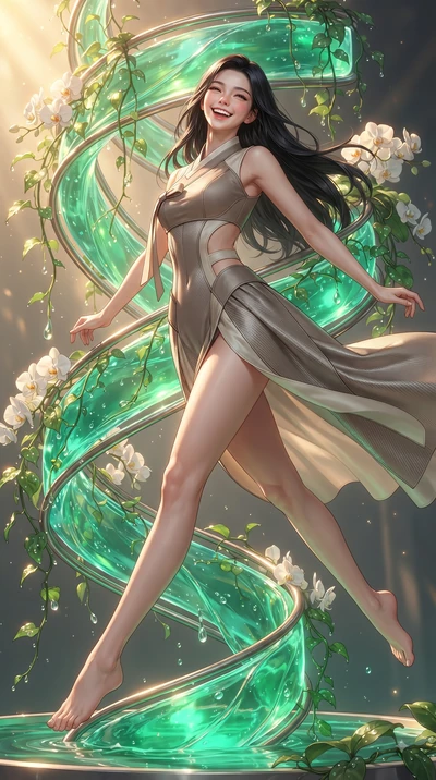 score_9, masterpiece, best quality, ultra-detailed, high-budget anime keyframe, editorial fashion photography, tasteful artistic composition, Korean woman. low angle full-body shot from head to toe showing her feet, filling the entire 9:16 vertical f