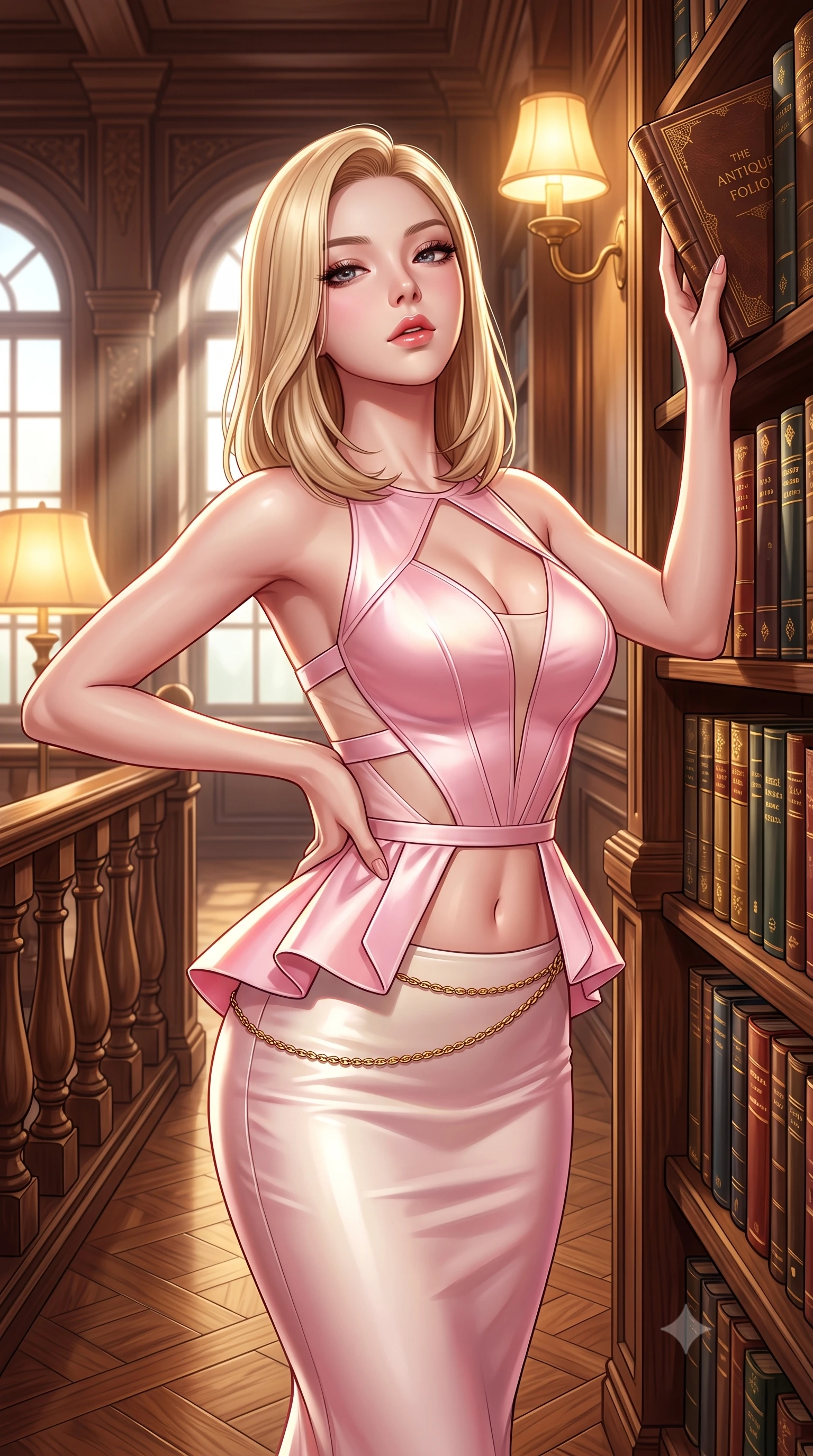 score_9, masterpiece, best quality, ultra-detailed, high-budget anime keyframe, semi-realistic 3D game render, editorial fashion photography, tasteful artistic composition, Korean woman. close-up cowboy shot from the waist and thighs up, the character dominates the composition, filling the frame with her large presence. tilting her chin up with proud, sovereign allure while gazing through thick eyelashes, one hand resting on her waist in pure supermodel charisma while stretching her slender torso in an alluring dancer curve while reaching for an antique leather folio on the high bookshelf. The surrounding environment is rendered in vivid detail and crisp panoramic clarity. sharp gold-leaf book spine typography, carved oak banister grain, and polished parquet flooring in deep focus. She has an exceptionally elegant, slender, and willowy female figure with an ultra-slim waist, flat toned midriff, narrow ribcage, and sculpted feminine hips creating an alluring, slim hourglass silhouette without bulk. sharp v-shaped jawline, high-bridge nose, intricate jewel-like eyes with depth, thick eyelashes, glossy parted lips with a natural sheen, intensely captivating and seductive bedroom-eyes expression, flawlessly proportioned anatomical accuracy, strict slender model proportions, natural body alignment, perfectly sculpted long slender limbs, ultra-slim waistline, clean dynamic posture without body distortion. wearing a structural geometric peplum gown with sheer side-ribbon cutouts and form-fitting skirt in sakura blossom pink and warm ivory, tailored from ultra-smooth duchess satin with a pearlescent sheen, accented with a delicate gold chain belt resting loosely on her curvy hips, the second-skin form-contouring cut accentuating her sculpted flat midriff, narrow delicate ribcage, and gracefully curvy hips with supermodel precision. bathed in warm incandescent reading lamp glow and dramatic shafts of daylight from arched windows. highly saturated vibrant anime colors, detailed shading with soft gradients, rich glossy textures, high-contrast stereoscopic depth, volumetric dynamic lighting, master piece, 9:16 ratio