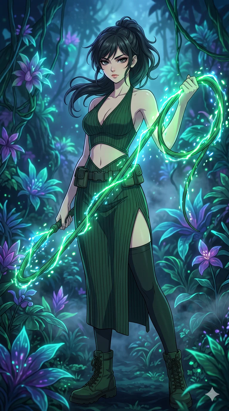 score_9, masterpiece, best quality, ultra-detailed, High-budget Anime Keyframe, vibrant colors, fluid line-art, expressive lighting, cinematic composition, Ufotable-style visual effects, top-tier animation quality, Japanese woman with delicate and elegant anime-inspired features. Upper body close-up from the thighs up, character filling the screen for maximum presence. Wielding a glowing vine whip that crackles with bioluminescent energy, devoid of thorns. She has an absolutely perfect 8-heads proportion, an exceptionally tall and slender female figure with impossibly long slender legs and an ultra-slim waist, her statuesque height and towering silhouette dominating the vertical 9:16 frame. Her face is a masterpiece featuring a sharp v-shaped jawline, high-bridge nose, intricate jewel-like eyes with depth, thick eyelashes, and glossy lips with a natural sheen. She is wearing a Ribbed knit bodycon midi dress with a deep-V neck halter top, featuring an exposed midriff and a dangerous high slit.. The scene is set in a bioluminescent jungle where every leaf and flower glows with a unique frequency. 2k, ultra detail, master piece, 9:16 ratio