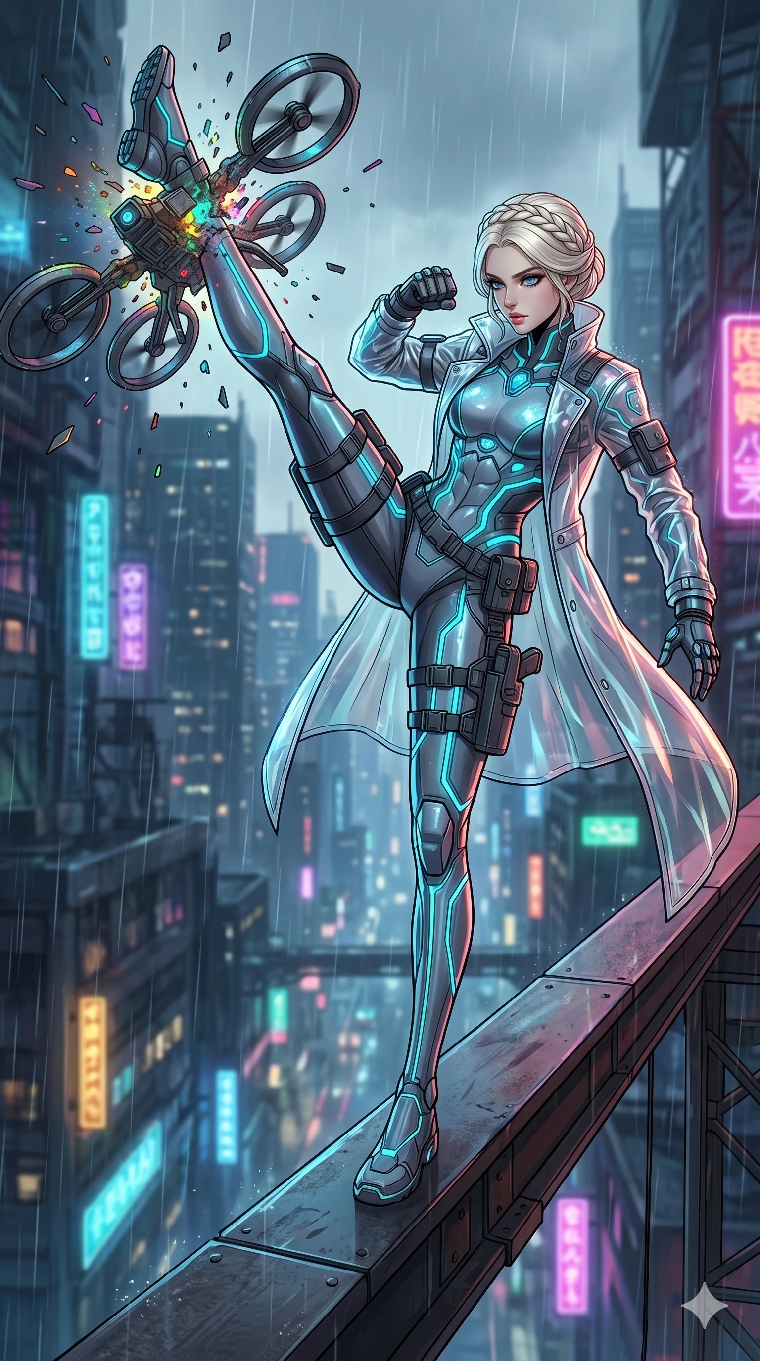 score_9, masterpiece, best quality, ultra-detailed, high-budget anime movie keyframe, cinematic anime lighting, intricate line art, Japanese anime girl. Mid-air action shot capturing a graceful twist and vertical silhouette. kicking a drone out of the air while balancing on a narrow beam. She has an absolutely perfect 8-heads proportion, an exceptionally tall and slender female figure with an ultra-slim waist and impossibly long slender legs. strictly human anatomy, two legs only, no extra limbs, clearly defined legs and arms, perfect anatomy, perfect hands and fingers. sharp v-shaped jawline, high-bridge nose, intricate jewel-like eyes, thick eyelashes, glossy lips. Wearing Tech-Fantasy: Cybernetic tech-suit with glowing seams, translucent PVC over leotard, and modular tactical gear. The scene is illuminated by dramatic atmospheric lighting and vibrant color palettes. , 2k, ultra detail, master piece, 9:16 ratio
