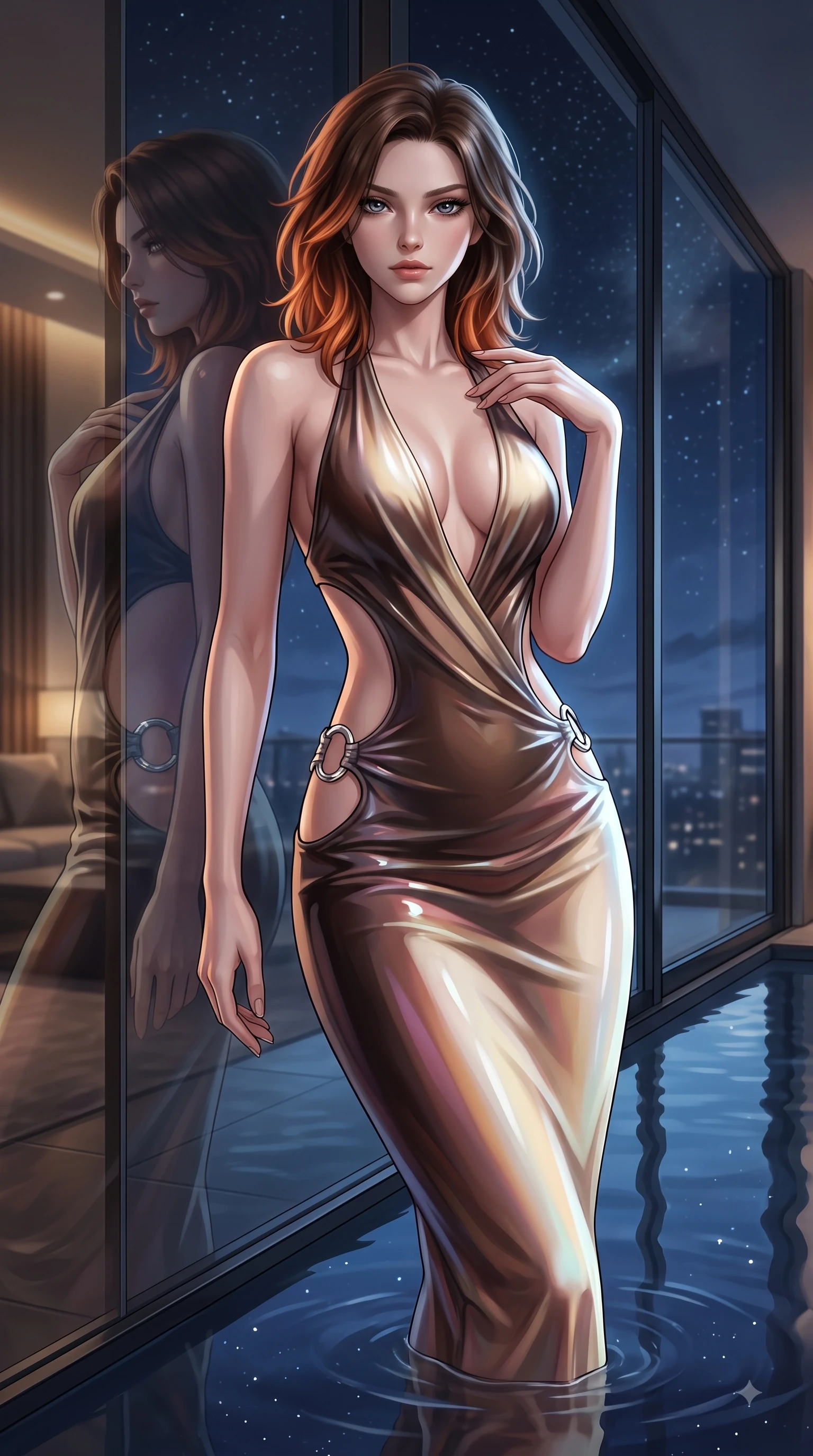 score_9, masterpiece, best quality, ultra-detailed, high-budget anime keyframe, editorial fashion photography, tasteful artistic composition, Korean woman. close-up cowboy shot from the waist and thighs up, the character dominates the composition, filling the frame with her large presence, background elements kept in soft focus. Pivoting her torso in an alluring S-curve alignment, one hand gently tracing her collarbone with poise while leaning against a panoramic glass window at midnight, her eyes casting a smoldering, magnetic gaze, still pool water reflecting her statuesque figure and the dramatic night sky flawlessly. She has an exceptionally elegant, slender, and willowy female figure with an ultra-slim waist, a gracefully sculpted slender torso, and a refined silhouette. sharp v-shaped jawline, high-bridge nose, intricate jewel-like eyes with depth, thick eyelashes, glossy lips with a natural sheen, flawlessly proportioned anatomical accuracy, natural body alignment, perfectly sculpted elegant limbs, clean dynamic posture without body distortion. wearing a deep-scoop halter bodycon dress with hip cutouts connected by silver rings in espresso brown and warm cream, crafted from iridescent chiffon that shifts colors in the light, featuring clean architectural cutouts along her slender torso, the tailored fabric tightly following every curve of her athletic build. bathed in warm luxury ambient lighting and soft silver moonlight tracing every curve. ultra-reflective glossy finish, specular highlights, metallic sheen, high-contrast stereoscopic depth, volumetric dynamic lighting, 2k, ultra detail, master piece, 9:16 ratio
