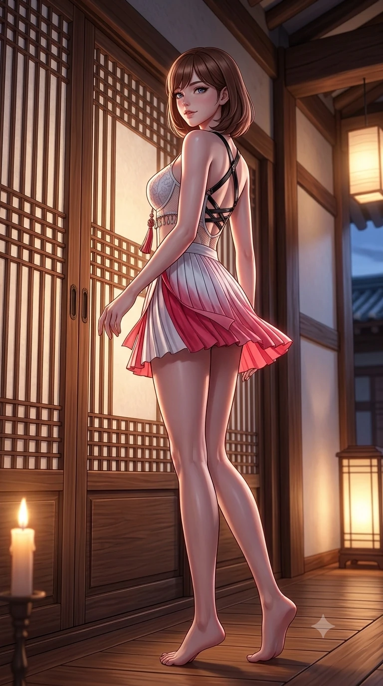 score_9, masterpiece, best quality, ultra-detailed, high-budget anime keyframe, semi-realistic 3D game render, editorial fashion photography, tasteful artistic composition, Caucasian woman. low angle full-body shot from head to toe showing her feet, filling the entire 9:16 vertical frame with her statuesque presence, stretching her vertical silhouette. executing a slow, graceful pivot turn as her silk wrap skirt sways around her slender legs, glancing back with an enchanting, teasing sensual expression while twisting her slender torso in an alluring contrapposto pose beside the sliding rice-paper door, warm candlelight silhouette outlining her curves. The surrounding environment is rendered in vivid detail and crisp panoramic clarity: detailed boned hanbok bustier tailoring, norigae tassel fringe, and traditional wooden lattice craft in razor-sharp clarity. She has an absolutely perfect, statuesque 8.5-heads proportion, an exceptionally tall and slender model-like female figure with impossibly long slender legs, an ultra-slim waist, a flat toned midriff, narrow delicate ribcage, and beautifully sculpted feminine hips creating a graceful, slim hourglass silhouette without any bulky heaviness. sharp v-shaped jawline, high-bridge nose, sparkling eyes with hypnotic seductive depth, thick curled eyelashes, glossy parted lips with a natural dewy peach sheen, alluring bedroom-eyes with an enchanting coquettish smile, exuding magnetic siren charisma and sophisticated glamour, flawlessly proportioned anatomical accuracy, strict slender model proportions, natural body alignment, perfectly sculpted long slender limbs, ultra-slim waistline, clean dynamic posture without body distortion. wearing a modern boned hanbok bustier top with norigae tassel paired with an ultra-short micro-pleated silk wrap mini skirt in pure snow white and vivid cherry blossom crimson, featuring strategic sheer-illusion micro-mesh cutouts along her ribcage and hip flanks, featuring an open-back criss-cross harness strap in patent black leather, the form-contouring silhouette accentuating her sculpted flat midriff, narrow delicate ribcage, and gracefully curvy hips with intoxicating allure. illuminated by polished floor bounce and sharp rose-gold rim lights defining her razor-sharp jawline, narrow waist, and curvy hips. highly saturated vibrant anime colors, detailed shading with soft gradients, rich glossy textures, high-contrast stereoscopic depth, volumetric dynamic lighting, master piece, 9:16 ratio
