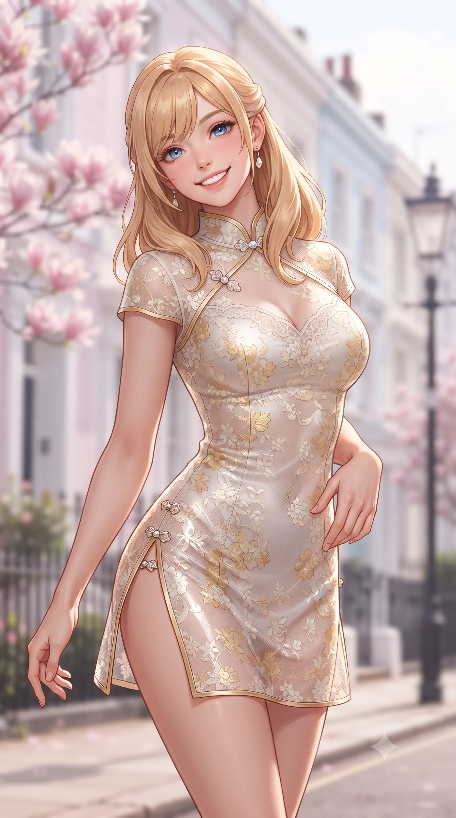 score_9, masterpiece, best quality, ultra-detailed, high-budget anime keyframe, editorial fashion photography, tasteful artistic composition, Caucasian woman. close-up cowboy shot from the waist and thighs up, the character dominates the composition, filling the frame with her large presence. tilting her head with a cute beaming smile while arching her spine with effortless dancer poise, one hand sliding along her hip line in a flirtatious S-curve while walking down the quiet residential street, her stylish real-way fashion outfit accentuating her sculpted feminine hips and supermodel height. The composition keeps background elements in soft focus with dreamy creamy bokeh. pastel-painted Victorian townhouses, blooming pink magnolia trees, and vintage streetlamps blurred into soft rose, baby-blue, and cream bokeh. She has an exceptionally elegant, slender, and willowy female figure with an ultra-slim waist, flat toned midriff, narrow ribcage, and sculpted feminine hips creating an alluring, slim hourglass silhouette without bulk. sharp v-shaped jawline, high-bridge nose, intricate jewel-like sparkling eyes with depth, thick eyelashes, glossy parted lips with a natural peach sheen, bright cheerful beaming smile with an enchanting and coquettish sensual glint, exuding both youthful cute charm and seductive allure, flawlessly proportioned anatomical accuracy, strict slender model proportions, natural body alignment, perfectly sculpted long slender limbs, ultra-slim waistline, clean dynamic posture without body distortion. wearing a modern cute qipao mini dress with double side slits ascending to the hip in pastel floral silk in pure alabaster white and sun-kissed gold, made of sheer contouring stretch lace with delicate floral patterns, finished with subtle ruffle trims and delicate pearl buttons, the form-contouring cut accentuating her sculpted flat midriff, narrow delicate ribcage, and gracefully curvy hips with supermodel precision. bathed in gentle, luminous British spring sunshine and clean street ambient fill. ultra-reflective glossy finish, specular highlights, rich textural contrasts, high-contrast stereoscopic depth, volumetric dynamic lighting, 2k, ultra detail, master piece, 9:16 ratio