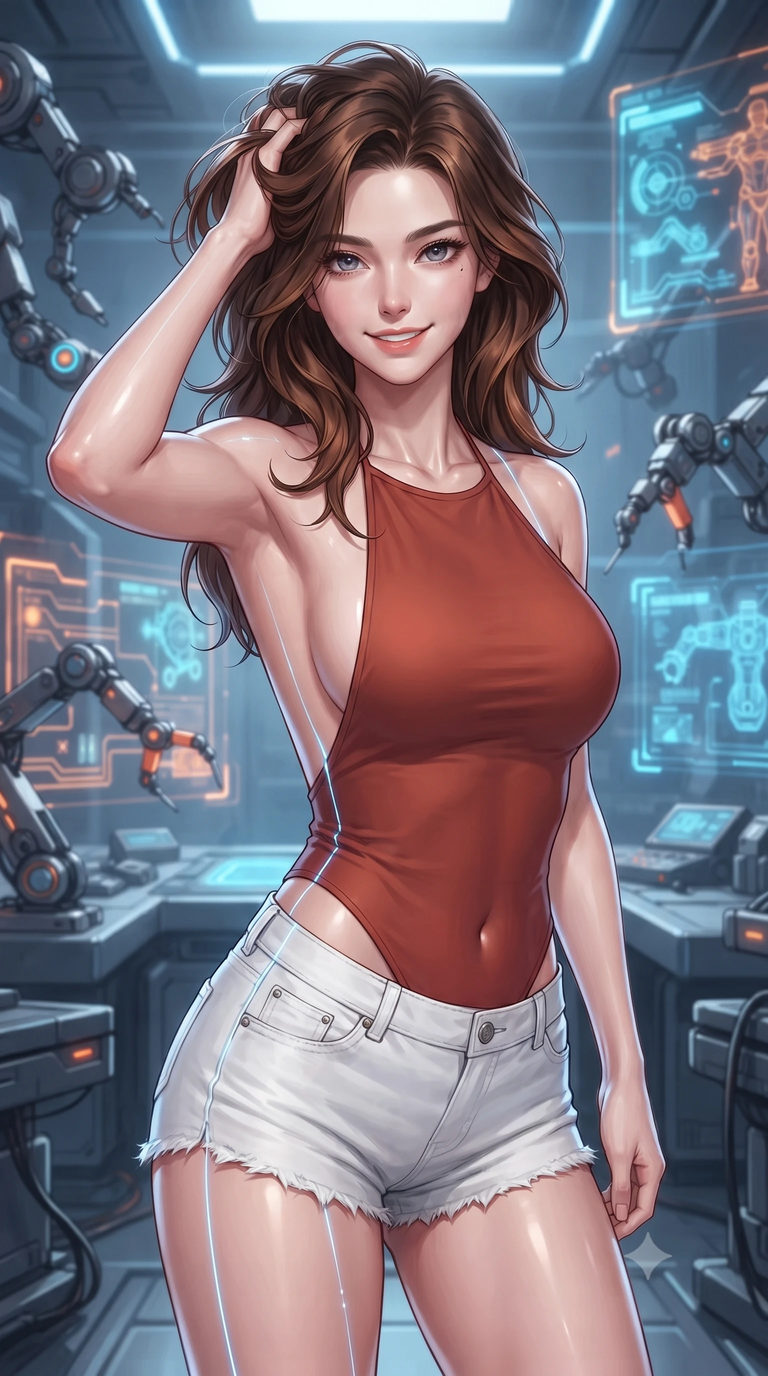 score_9, masterpiece, best quality, ultra-detailed, high-budget anime keyframe, editorial fashion photography, tasteful artistic composition, Korean woman. close-up cowboy shot from the waist and thighs up, the character dominates the composition, filling the frame with her large presence, background elements kept in soft focus. smiling with quiet, magnetic self-assurance directly into the camera, running a hand through her hair the background shows a soft-focus an automated repair bay with mechanical arms and neon circuit layouts. She has an exceptionally elegant, slender, and willowy female figure with an ultra-slim waist, a gracefully sculpted slender torso, and a refined silhouette. sharp v-shaped jawline, high-bridge nose, intricate jewel-like eyes with depth, thick eyelashes, glossy lips with a natural sheen. wearing a body-hugging backless halter top in terracotta red, paired with white denim micro-shorts. glowing blue laser lines tracing her form with precision. ultra-reflective glossy finish, specular highlights, metallic sheen, high-contrast stereoscopic depth, volumetric dynamic lighting, 2k, ultra detail, master piece, 9:16 ratio