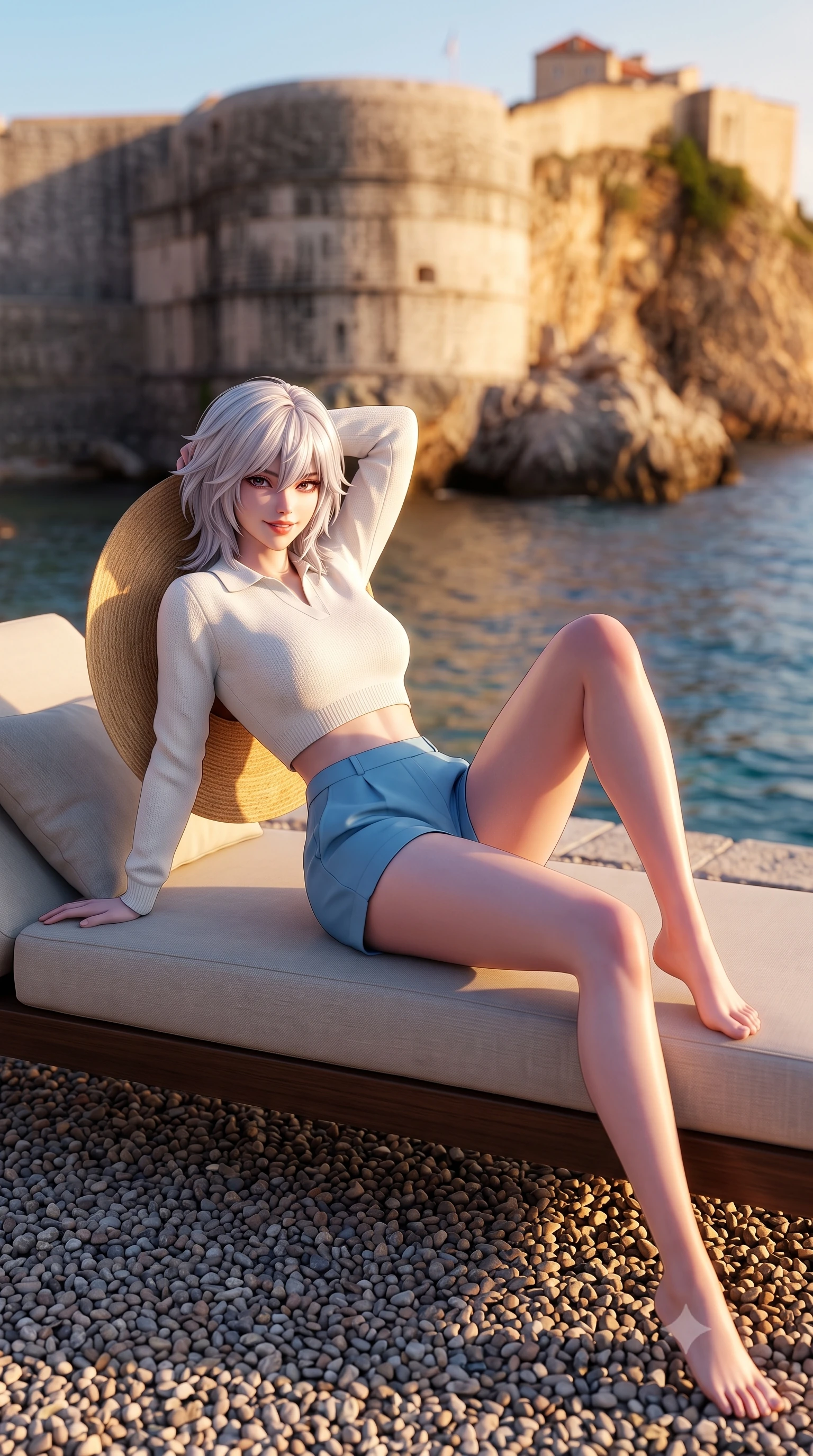 score_9, masterpiece, best quality, ultra-detailed, high-budget anime keyframe, semi-realistic 3D game render, editorial fashion photography, tasteful artistic composition, Japanese woman. low angle full-body shot from head to toe showing her feet, filling the entire 9:16 vertical frame with her statuesque presence, stretching her vertical silhouette. reclining languidly on her side across the outdoor daybed with one knee drawn up, her radiant smile and arched hip curve commanding the 9:16 vertical frame with youthful sensual charisma while standing on the private pebble beach platform with the ancient medieval fortress glowing in the sunset behind, arching her back with sovereign poise. The composition keeps background elements in soft focus with dreamy creamy bokeh. the massive stone ramparts of Dubrovnik Old Town and the tranquil Adriatic sea blurred into rich apricot, stone gray, and sapphire bokeh. She has an exceptionally tall and slender model-like 8.5-heads proportion, an ultra-slim waist, a flat toned midriff, narrow delicate ribcage, and beautifully sculpted feminine hips creating a graceful, slim hourglass silhouette without any bulky heaviness, with impossibly long slender legs. sharp v-shaped jawline, high-bridge nose, sparkling amber-hazel eyes with depth, long lush eyelashes, glossy sun-kissed lips with a warm coral glaze, radiant teasing smile with sensual sunlit bedroom-eyes, exuding effortless old-money elegance and intoxicating sun-drenched allure, flawlessly proportioned anatomical accuracy, strict slender model proportions, natural body alignment, perfectly sculpted long slender limbs, ultra-slim waistline, clean dynamic posture without body distortion. wearing a chic cropped knit polo sweater paired with high-cut tailored tennis shorts hugging her rounded hips in Capri sea-spray blue and crisp linen white, tailored from crisp cotton poplin with clean structural architectural lines, complemented by a wide-brim straw sunhat held casually behind her back, the glove-like silhouette tightly following the natural contour of her hips and long slender legs with youthful 8.5-heads elegance. bathed in warm Adriatic golden hour rays casting long dramatic shadows. highly saturated vibrant anime colors, detailed shading with soft gradients, rich glossy textures, high-contrast stereoscopic depth, volumetric dynamic lighting, master piece, 9:16 ratio