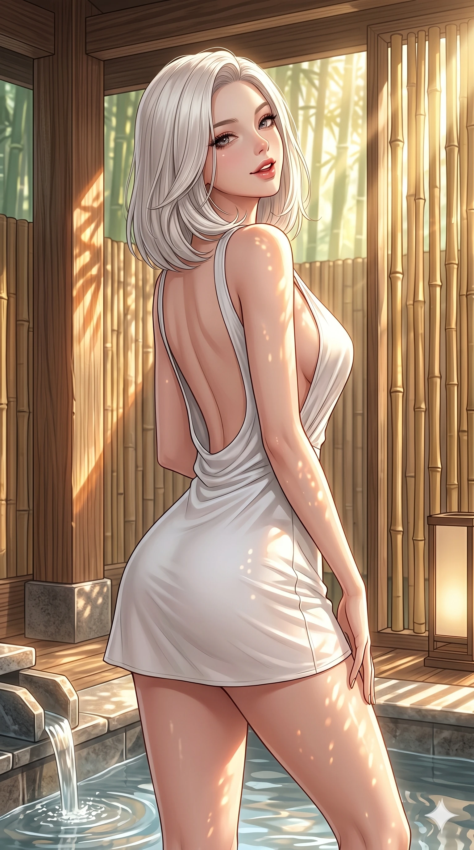 score_9, masterpiece, best quality, ultra-detailed, high-budget anime keyframe, editorial fashion photography, tasteful artistic composition, Korean woman. cowboy shot from the thighs up, character and outfit filling the frame for maximum editorial presence. tilting her head back slightly with a playful, teasing smile, her lips parted with a sultry charm in a private hot spring pavilion with warm sunlight filtering through bamboo partitions (Code-P004). She has an absolutely perfect 8-heads proportion, an exceptionally tall and slender female figure with impossibly long slender legs and an ultra-slim waist. V-shaped jawline, high-bridge nose, intricate jewel-like eyes with depth, thick eyelashes, glossy lips with a natural sheen. wearing a micro-length white silk wrap dress with a plunging neck and a scooped open back to the base of the spine. drenched in bright midday sunbeams, casting sharp warm highlights that outline her slender waist and long legs. 2k, ultra detail, master piece, 9:16 ratio