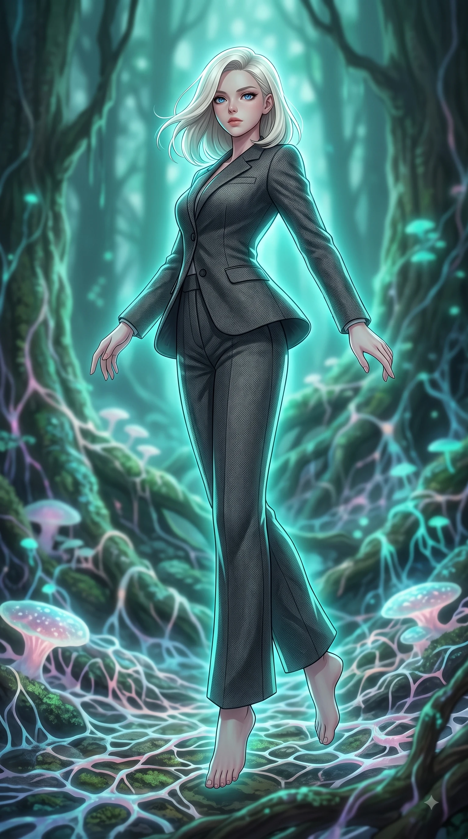 score_9, masterpiece, best quality, ultra-detailed, high-budget anime keyframe, editorial fashion photography, tasteful artistic composition, Caucasian woman woman. low angle full-body shot from head to toe showing her feet, filling the entire 9:16 vertical frame with her statuesque presence, stretching her vertical silhouette. She has an absolutely perfect, statuesque 8.5-heads proportion, an exceptionally tall and slender model-like female figure with impossibly long slender legs and an ultra-slim waist. mid-air spin above the reflective floor, maintaining an athletic and perfectly balanced poise, flawlessly proportioned anatomical accuracy, natural body alignment, perfectly sculpted elegant limbs, clean dynamic posture without body distortion. set against a soft-focus background of an ancient rainforest with pulsing opal fungal mycelium networks. wearing a tailored charcoal tweed suit jacket with high-waisted wide trousers. bathed in cool emerald and cyan bioluminescent organic glow wrapping her silhouette. highly saturated vibrant anime colors, detailed shading with soft gradients, rich glossy textures, high-contrast stereoscopic depth, volumetric dynamic lighting, master piece, 9:16 ratio