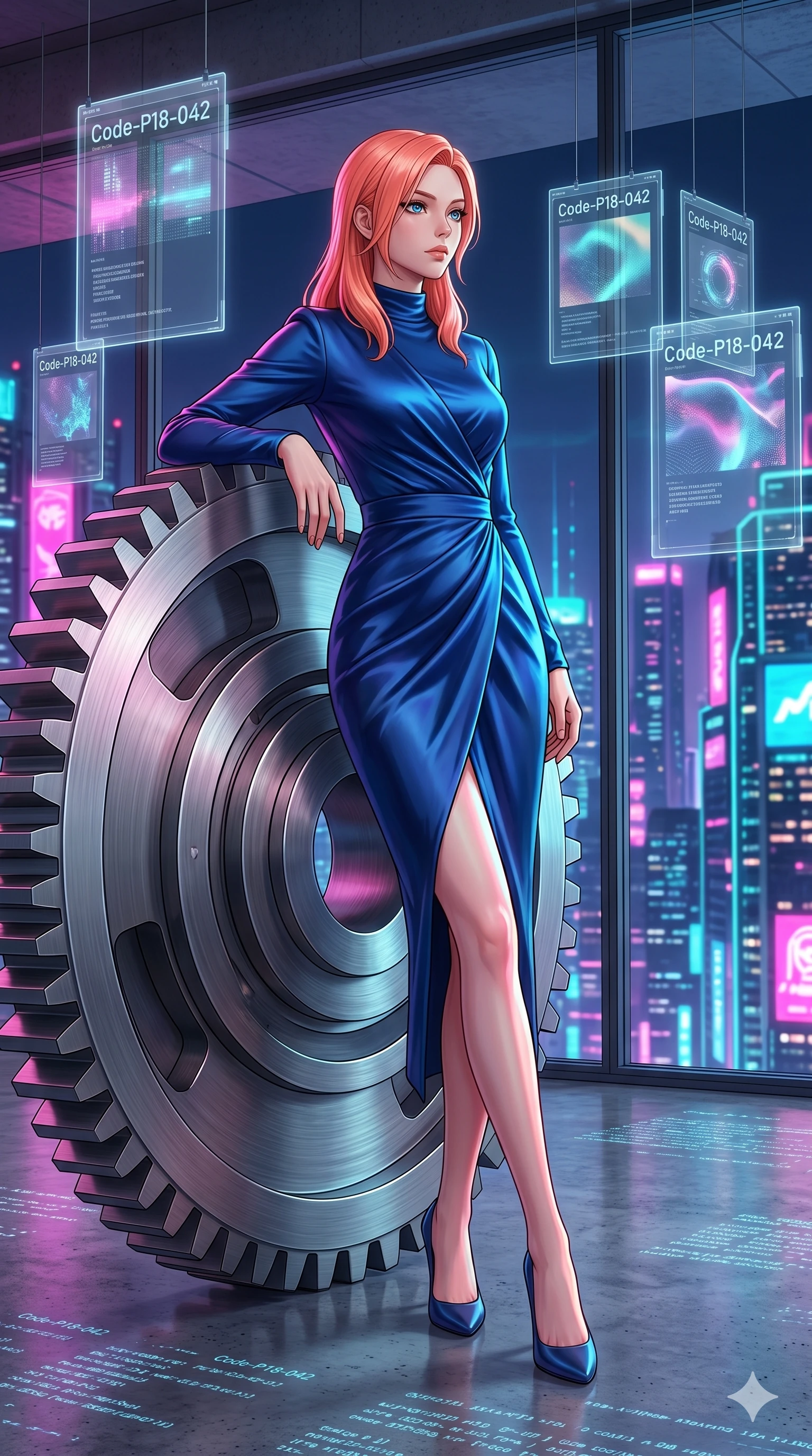 score_9, masterpiece, best quality, ultra-detailed, high-budget anime keyframe, editorial fashion photography, tasteful artistic composition, Japanese woman. low angle full-body shot from head to toe showing her feet, filling the entire 9:16 vertical frame with her statuesque presence, stretching her vertical silhouette. leaning against a giant gear wheel, looking past the camera with quiet, thoughtful intensity inside a modern penthouse living room with floating digital art frames (Code-P18-042). She has an absolutely perfect 8-heads proportion, an exceptionally tall and slender female figure with impossibly long slender legs and an ultra-slim waist. V-shaped jawline, high-bridge nose, intricate jewel-like eyes with depth, thick eyelashes, glossy lips with a natural sheen. wearing a long-sleeved high-neck wrap dress in deep sapphire blue satin. vibrant magenta and cyan city lights casting colorful specular highlights on her skin. 2k, ultra detail, master piece, 9:16 ratio