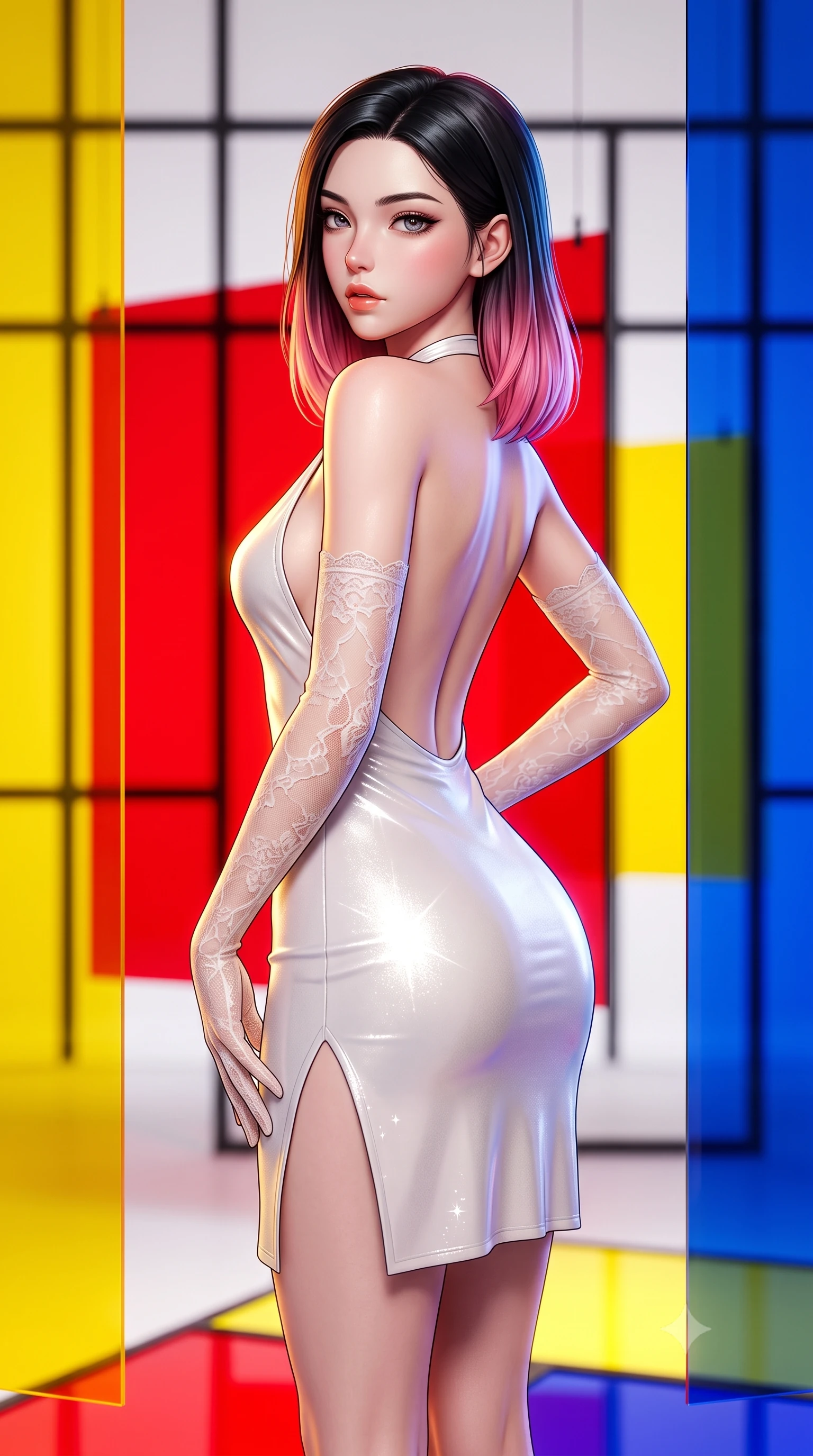 score_9, masterpiece, best quality, ultra-detailed, high-budget anime keyframe, semi-realistic 3D game render, editorial fashion photography, tasteful artistic composition, Korean woman. close-up cowboy shot from the waist and thighs up, the character dominates the composition, filling the frame with her large presence. posing in an alluring rear three-quarter angle, looking over a bare shoulder with parted glossy lips, her hips cocked back to highlight her slim hourglass curve while standing poised between suspended sheets of primary yellow, red, and blue acrylic, arching her back with vibrant pop-art allure. The background shows a soft-focus glowing primary red, yellow, and blue acrylic screens, black grid lines, and white gallery walls blurred into vermilion, canary, and cobalt bokeh. She has an exceptionally elegant, slender, and willowy female figure with an ultra-slim waist, flat toned midriff, narrow ribcage, and sculpted feminine hips creating an alluring, slim hourglass silhouette without bulk. sharp v-shaped jawline, high-bridge nose, sparkling eyes with hypnotic seductive depth, thick curled eyelashes, glossy parted lips with a natural dewy peach sheen, alluring bedroom-eyes with an enchanting coquettish smile, exuding magnetic siren charisma and sophisticated glamour, flawlessly proportioned anatomical accuracy, strict slender model proportions, natural body alignment, perfectly sculpted long slender limbs, ultra-slim waistline, clean dynamic posture without body distortion. wearing a slinky backless halterneck column mini dress clinging like a second skin with deep geometric side slits in pure pearl alabaster with liquid platinum sheen, woven from stretch metallic lurex jersey casting radiant starlight glints across her silhouette, complemented by sheer opera-length lace evening gloves tracing her slender arms, the glove-like clinging cut tightly following the natural contour of her hips and long slender legs with youthful 8.5-heads elegance. illuminated by colored panel floor bounce and sharp multi-colored rim lights defining her delicate clavicles, narrow waist, and curvy hips. highly saturated vibrant anime colors, detailed shading with soft gradients, rich glossy textures, high-contrast stereoscopic depth, volumetric dynamic lighting, master piece, 9:16 ratio