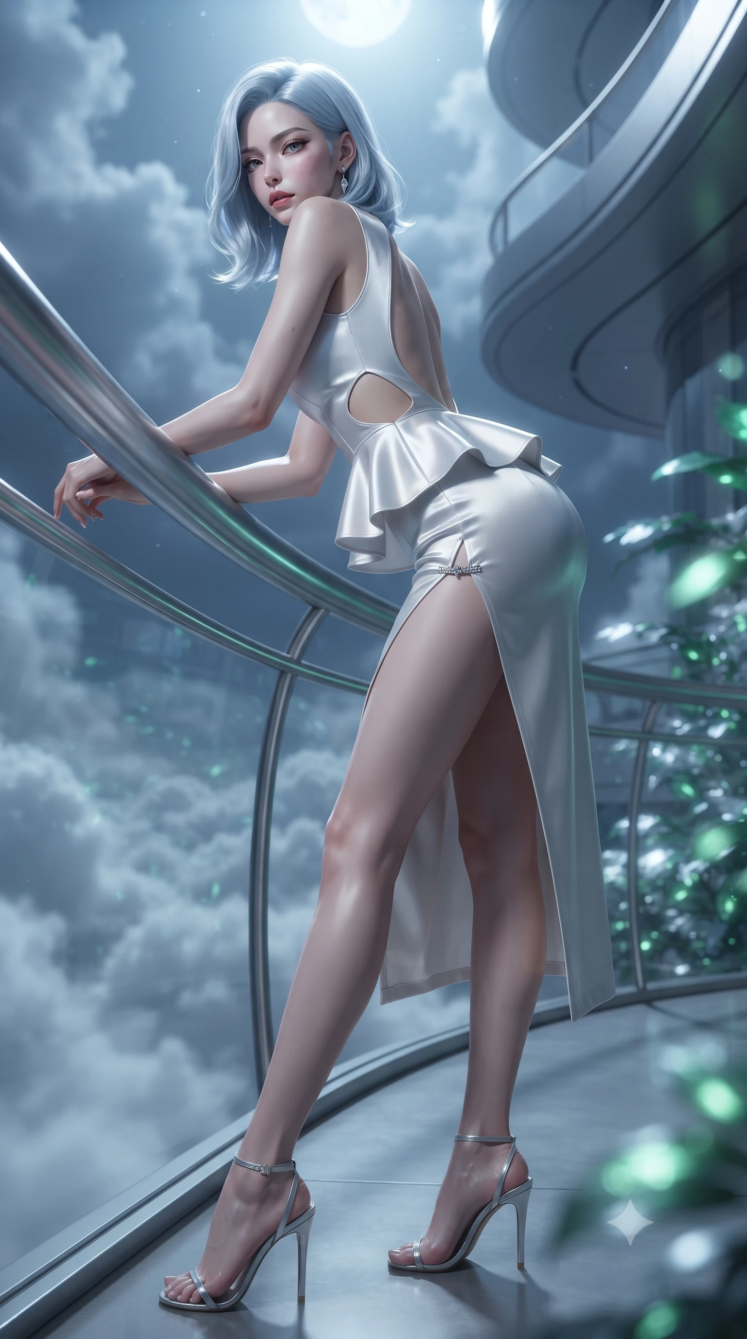 score_9, masterpiece, best quality, ultra-detailed, high-budget anime keyframe, editorial fashion photography, tasteful artistic composition, Korean woman. low angle full-body shot from head to toe showing her feet, filling the entire 9:16 vertical frame with her statuesque presence, stretching her vertical silhouette. leaning deep against the structural architecture with hips cocked in an unapologetically bold, seductive high-fashion stance while leaning forward over the curved titanium balcony railing amidst towering exotic orchids, looking back as cloud seas swirl below. The composition keeps background elements in soft focus with creamy bokeh. drifting cloud sea blankets and glowing botanical bio-mesh leaves blurred into electric lime, emerald, and moonlight-silver bokeh. She has an exceptionally tall and slender model-like 8.5-heads proportion, an ultra-slim waist, a flat toned midriff, narrow delicate ribcage, and beautifully sculpted feminine hips creating a graceful, slim hourglass silhouette without any bulky heaviness, with impossibly long slender legs. sharp v-shaped jawline, high-bridge nose, intricate jewel-like eyes with depth, thick eyelashes, glossy parted lips with a natural sheen, intensely captivating and seductive bedroom-eyes expression, flawlessly proportioned anatomical accuracy, strict slender model proportions, natural body alignment, perfectly sculpted long slender limbs, ultra-slim waistline, clean dynamic posture without body distortion. wearing a modern peplum corset dress with side-waist diamond cutouts and an ultra-tight silhouette in shimmering silver mercury and pearl white, tailored from ultra-smooth duchess satin with a pearlescent sheen, finished with an ultra-high side slit secured by miniature jeweled clasps, the dramatically scooped open back descending to the base of her spine, accentuating her razor-sharp statuesque lines and slim hourglass silhouette. bathed in cool silver full-moon light streaming from above and soft emerald bio-luminescent foliage fill. ultra-reflective glossy finish, specular highlights, rich textural contrasts, high-contrast stereoscopic depth, volumetric dynamic lighting, 2k, ultra detail, master piece, 9:16 ratio