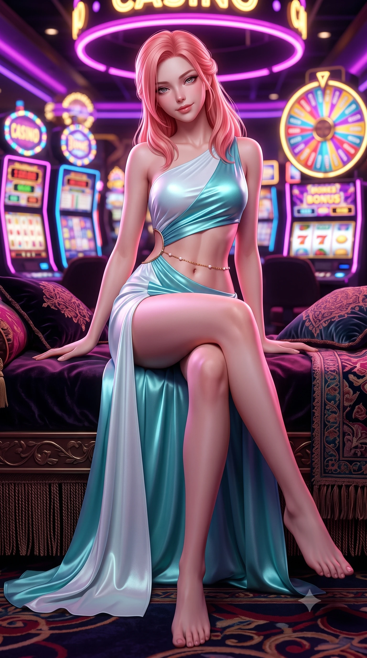 score_9, masterpiece, best quality, ultra-detailed, high-budget anime keyframe, semi-realistic 3D game render, editorial fashion photography, tasteful artistic composition, Japanese woman. low angle full-body shot from head to toe showing her feet, filling the entire 9:16 vertical frame with her statuesque presence, stretching her vertical silhouette. lounging on the lavish daybed with legs crossed and hips angled toward the camera, displaying her toned midriff and long slender limbs with effortless siren poise while twisting her slender torso in an alluring contrapposto stance, kaleidoscope neon reels reflecting across her narrow waist and hips. The background shows a soft-focus hundreds of flashing digital slot reels, spinning bonus wheels, and overhead neon signs blurred into electric fuchsia, gold, and violet bokeh. She has an absolutely perfect, statuesque 8.5-heads proportion, an exceptionally tall and slender model-like female figure with impossibly long slender legs, an ultra-slim waist, a flat toned midriff, narrow delicate ribcage, and beautifully sculpted feminine hips creating a graceful, slim hourglass silhouette without any bulky heaviness. sharp v-shaped jawline, high-bridge nose, sparkling eyes with hypnotic seductive depth, thick curled eyelashes, glossy parted lips with a natural dewy peach sheen, alluring bedroom-eyes with an enchanting coquettish smile, exuding magnetic siren charisma and sophisticated glamour, flawlessly proportioned anatomical accuracy, strict slender model proportions, natural body alignment, perfectly sculpted long slender limbs, ultra-slim waistline, clean dynamic posture without body distortion. wearing an asymmetric one-shoulder liquid jersey nymph dress with dramatic hip-high slit and waist cutout in celestial water-lily white and shimmering aquamarine, crafted from fluid liquid silk satin that clings smoothly to every curve with a dewy sheen, accented with a dainty gold belly chain resting across her flat midriff and curving hips, the second-skin tailored fabric adhering flawlessly to her sculpted flat midriff and slender torso, emphasizing her long leg lines and perfectly proportioned willowy build. bathed in rapid rhythmic multi-color neon pulses spilling from dozens of gaming machines. highly saturated vibrant anime colors, detailed shading with soft gradients, rich glossy textures, high-contrast stereoscopic depth, volumetric dynamic lighting, master piece, 9:16 ratio
