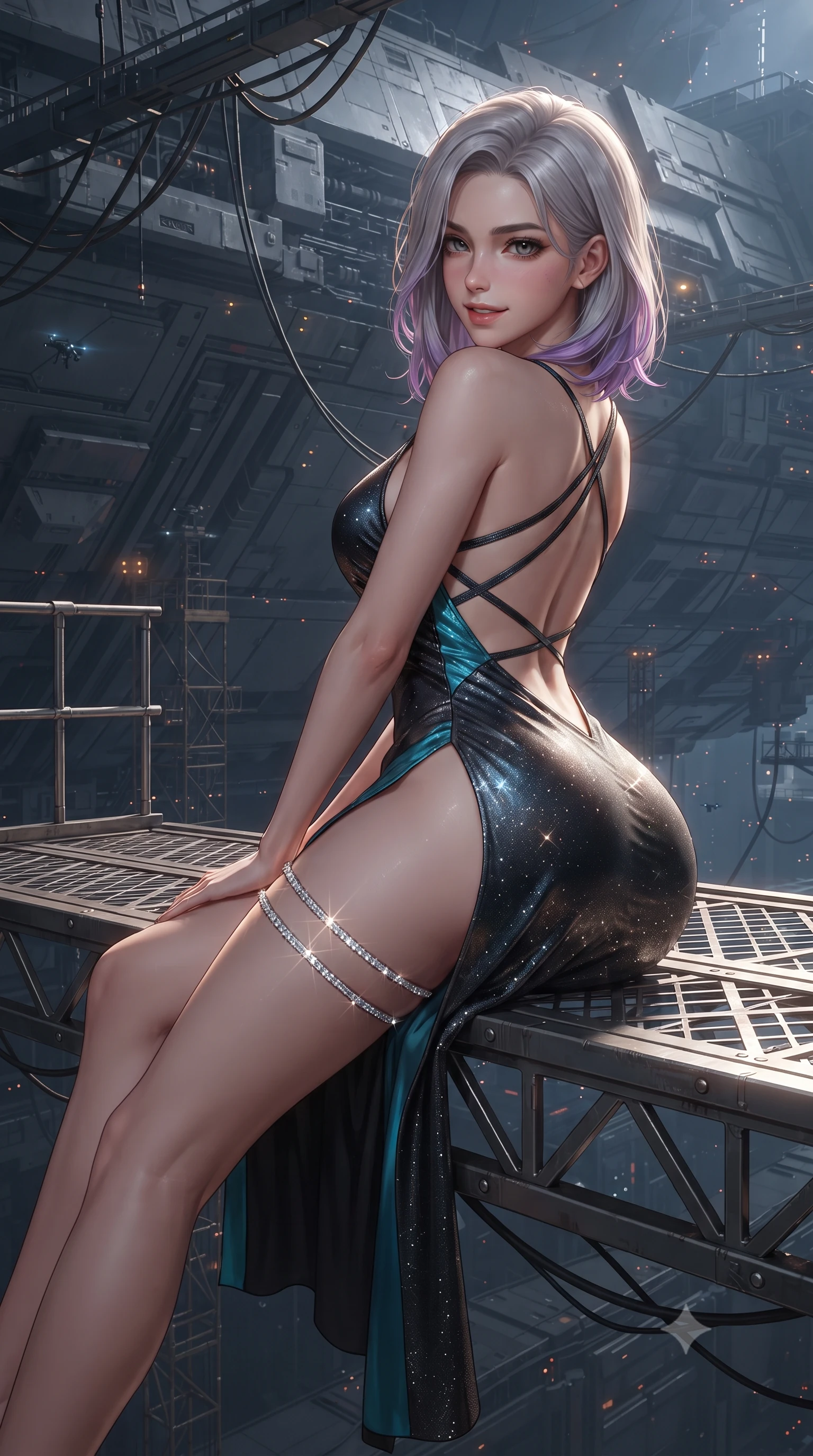 score_9, masterpiece, best quality, ultra-detailed, high-budget anime keyframe, editorial fashion photography, tasteful artistic composition, Caucasian woman. close-up cowboy shot from the waist and thighs up, the character dominates the composition, filling the frame with her large presence. leaning forward while arching her lower back to accentuate her curvy hips, looking into the camera with an intoxicating smoldering gaze and bedroom-eyes while lounging gracefully across the floating inspection platform propped on one elbow with legs extended, displaying her long slender limbs and statuesque hourglass silhouette against the colossal starship hull. The surrounding environment is rendered in vivid detail and crisp panoramic clarity: detailed haute-couture tactical jumpsuit texture, liquid fabric drape, and colossal starship construction engineering in razor-sharp precision. She has an exceptionally elegant, slender, and willowy female figure with an ultra-slim waist, flat toned midriff, narrow ribcage, and sculpted feminine hips creating an alluring, slim hourglass silhouette without bulk. sharp v-shaped jawline, high-bridge nose, intricate jewel-like sparkling eyes with depth, thick eyelashes, glossy parted lips with a natural peach sheen, bright cheerful beaming smile with an enchanting and coquettish sensual glint, exuding both youthful cute charm and seductive allure, flawlessly proportioned anatomical accuracy, strict slender model proportions, natural body alignment, perfectly sculpted long slender limbs, ultra-slim waistline, clean dynamic posture without body distortion. wearing a backless liquid foil flight mini dress with criss-cross spinal straps and daring high side slit in tactical obsidian black and high-voltage cyan, woven from stretch metallic lurex jersey casting radiant starlight glints across her curves, finished with delicate crystal-encrusted thigh garter straps glinting in the dim light, the glove-like clinging cut tightly following the natural contour of her hips and long slender legs with youthful 8.5-heads elegance. illuminated by dark hull reflection bounce and sharp molten-gold rim lights sculpting her razor-sharp jawline, narrow waist, and curvy hips. ultra-reflective glossy finish, specular highlights, rich textural contrasts, high-contrast stereoscopic depth, volumetric dynamic lighting, 2k, ultra detail, master piece, 9:16 ratio