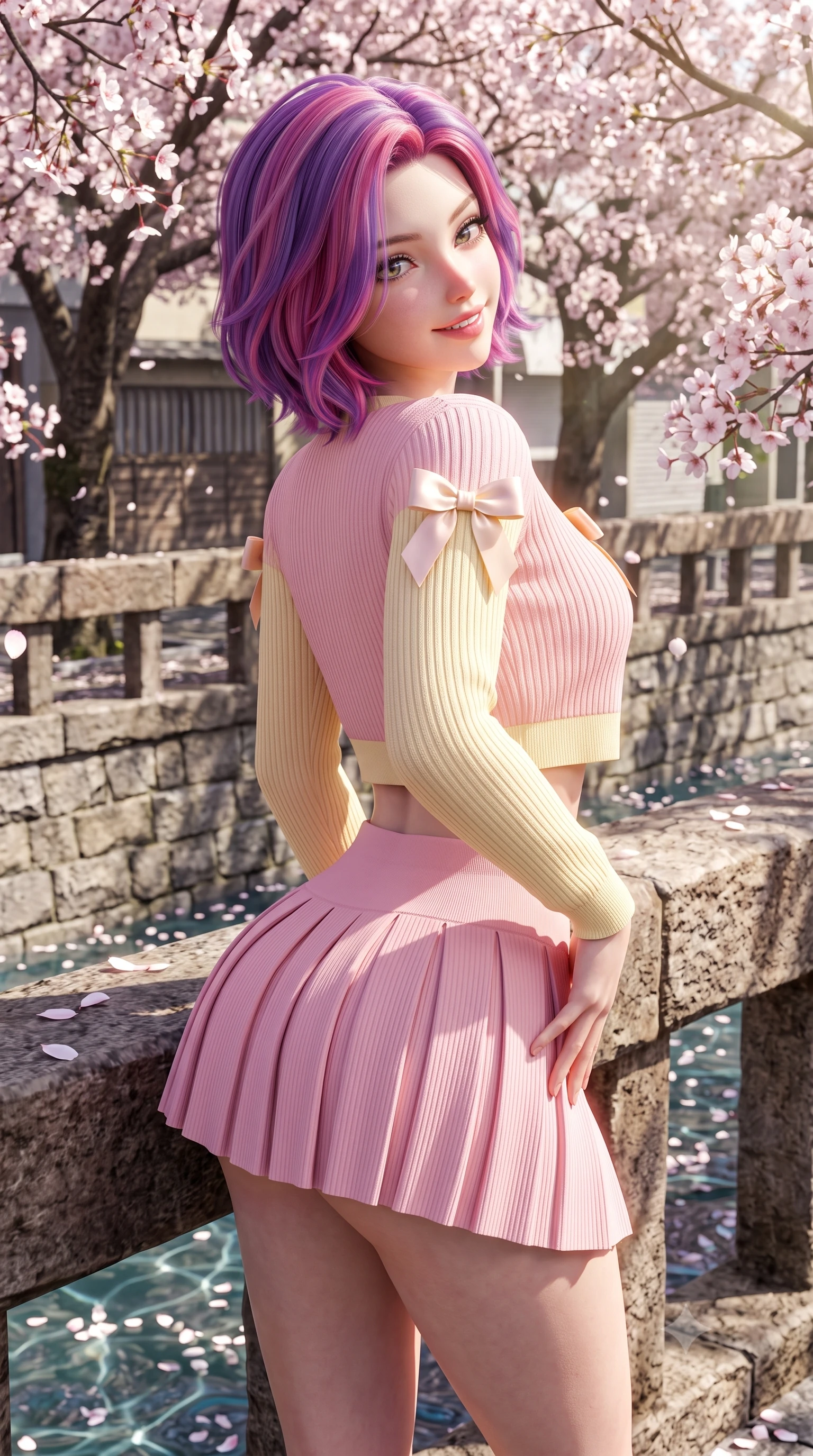 score_9, masterpiece, best quality, ultra-detailed, high-budget anime keyframe, semi-realistic 3D game render, editorial fashion photography, tasteful artistic composition, Caucasian woman. close-up cowboy shot from the waist and thighs up, the character dominates the composition, filling the frame with her large presence. tilting her head with a cute beaming smile while arching her spine with effortless dancer poise, one hand sliding along her hip line in a flirtatious S-curve while leaning against a rustic stone canal parapet with hips cocked back, looking over a bare shoulder with shy yet deliciously coquettish eyes. The surrounding environment is rendered in vivid detail and crisp panoramic clarity. sharp stone canal wall textures, water surface tension caustics with floating petals, and cherry blossom petal veins in deep focus. She has an exceptionally elegant, slender, and willowy female figure with an ultra-slim waist, flat toned midriff, narrow ribcage, and sculpted feminine hips creating an alluring, slim hourglass silhouette without bulk. sharp v-shaped jawline, high-bridge nose, intricate jewel-like sparkling eyes with depth, thick eyelashes, glossy parted lips with a natural peach sheen, bright cheerful beaming smile with an enchanting and coquettish sensual glint, exuding both youthful cute charm and seductive allure, flawlessly proportioned anatomical accuracy, strict slender model proportions, natural body alignment, perfectly sculpted long slender limbs, ultra-slim waistline, clean dynamic posture without body distortion. wearing a cropped pastel ribbed knit cardigan paired with an ultra-short high-waisted pleated tennis skirt clinging tightly to her curvy hips in sweet strawberry milk pink and butter yellow, formed from supple second-skin stretch ribbed knit clinging to her form, finished with cute satin bow ribbons tying at the shoulders, the high-waisted tailoring accentuating her ultra-slim waistline and the enchanting curve of her feminine hips with alluring charm. bathed in bright morning spring sunlight scattering through blooming flower canopies. highly saturated vibrant anime colors, detailed shading with soft gradients, rich glossy textures, high-contrast stereoscopic depth, volumetric dynamic lighting, master piece, 9:16 ratio