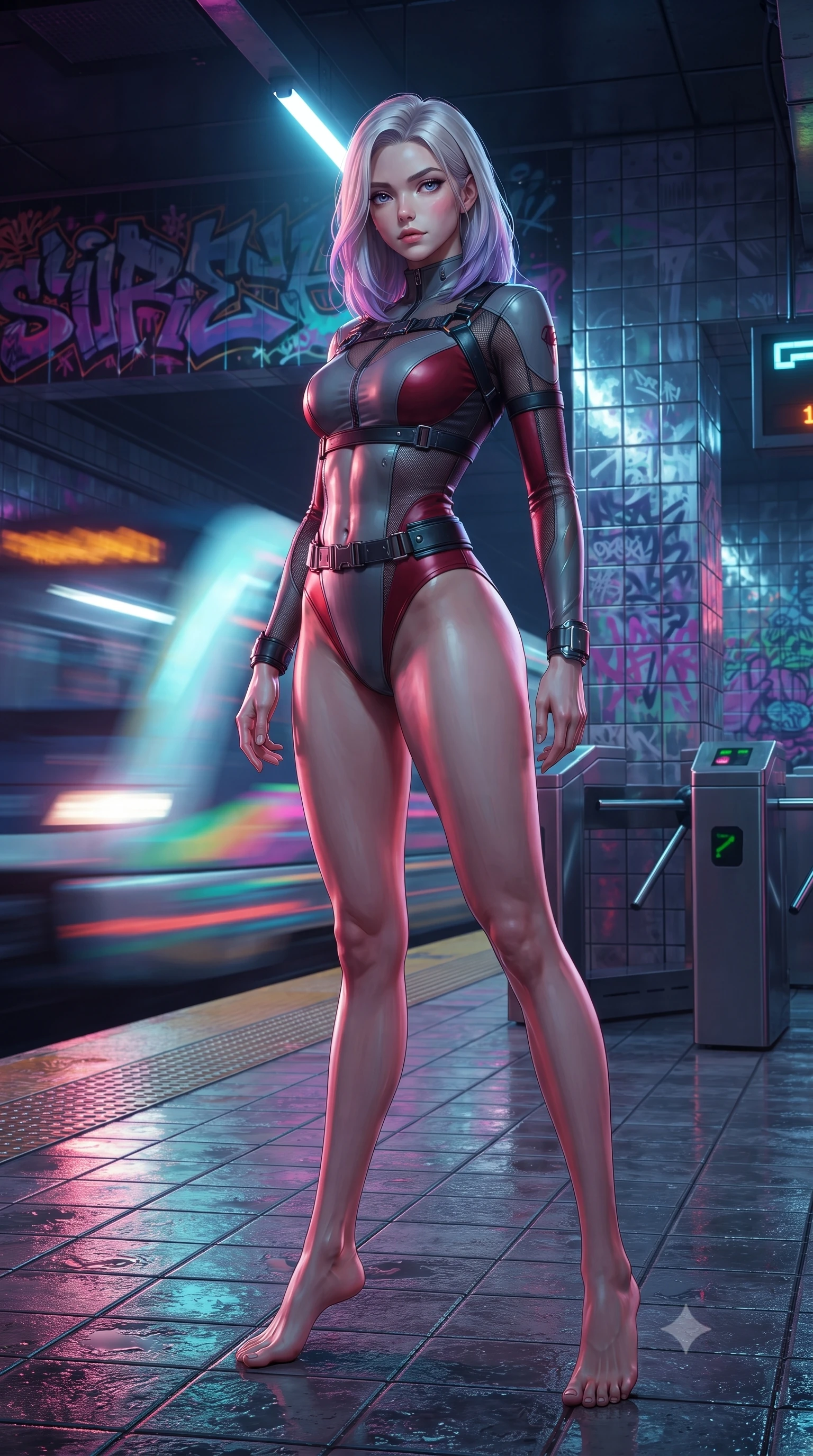 score_9, masterpiece, best quality, ultra-detailed, high-budget anime keyframe, editorial fashion photography, tasteful artistic composition, Caucasian woman. low angle full-body shot from head to toe showing her feet, filling the entire 9:16 vertical frame with her statuesque presence, stretching her vertical silhouette. standing poised with one hip cocked in an alluring high-fashion pose, her tall 8.5-heads proportions dominating the scene while pivoting sharply on the wet tiled subway platform as an incoming neon-lit maglev train rushes past in a blur of light. The surrounding environment is rendered in vivid detail and crisp panoramic clarity. intricate ultraviolet graffiti lettering, reflective tiled walls, and metallic turnstile textures in deep focus. She has an absolutely perfect, statuesque 8.5-heads proportion, an exceptionally tall and slender model-like female figure with impossibly long slender legs, a toned flat midriff, and an ultra-slim waist. sharp v-shaped jawline, high-bridge nose, intricate jewel-like eyes with depth, thick eyelashes, glossy lips with a natural sheen, captivating and magnetic expression, flawlessly proportioned anatomical accuracy, strict slender model proportions, natural body alignment, perfectly sculpted long slender limbs, ultra-slim waistline, clean dynamic posture without body distortion. wearing a sharp asymmetrical spy bodysuit with sheer contouring mesh panels, reinforced strike shoulders, and utility waist harness in storm grey and dark scarlet trim, made of high-mobility liquid jersey and semi-opaque reinforced mesh, accented with concealed lockpick wristbands and polished dark chrome hardware edition #12, the glove-like aerodynamic second-skin fit tightly clinging to her ultra-slender waist and athletic curves without adding bulk, accentuating her razor-sharp statuesque lines and slim hourglass silhouette. illuminated by crisp specular highlights defining her toned flat midriff and athletic curves. ultra-reflective glossy finish, specular highlights, rich textural contrasts, high-contrast stereoscopic depth, volumetric dynamic lighting, 2k, ultra detail, master piece, 9:16 ratio