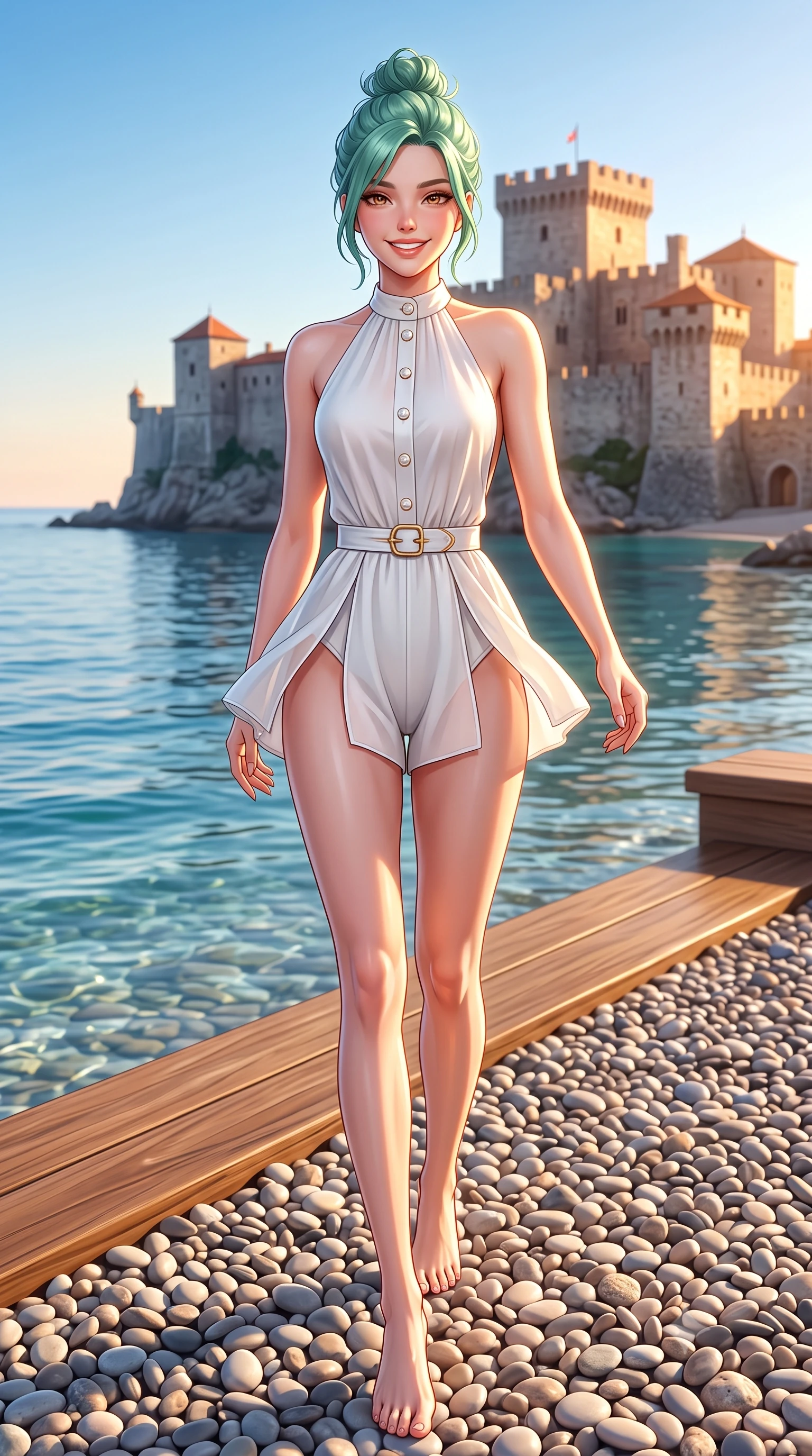 score_9, masterpiece, best quality, ultra-detailed, high-budget anime keyframe, semi-realistic 3D game render, editorial fashion photography, tasteful artistic composition, Japanese woman. low angle full-body shot from head to toe showing her feet, filling the entire 9:16 vertical frame with her statuesque presence, stretching her vertical silhouette. stepping forward gracefully across the terrace in mid-motion with a radiant beaming smile, hips swaying in an alluring kinetic rhythm that accentuates her curvy hourglass silhouette and long slender legs while standing on the private pebble beach platform with the ancient medieval fortress glowing in the sunset behind, arching her back with sovereign poise. The surrounding environment is rendered in vivid detail and crisp panoramic clarity. sharp smooth sea pebble textures, white painted timber grain, and clear Adriatic water lap in deep focus. She has an exceptionally tall and slender model-like 8.5-heads proportion, an ultra-slim waist, a flat toned midriff, narrow delicate ribcage, and beautifully sculpted feminine hips creating a graceful, slim hourglass silhouette without any bulky heaviness, with impossibly long slender legs. sharp v-shaped jawline, high-bridge nose, sparkling amber-hazel eyes with depth, long lush eyelashes, glossy sun-kissed lips with a warm coral glaze, radiant teasing smile with sensual sunlit bedroom-eyes, exuding effortless old-money elegance and intoxicating sun-drenched allure, flawlessly proportioned anatomical accuracy, strict slender model proportions, natural body alignment, perfectly sculpted long slender limbs, ultra-slim waistline, clean dynamic posture without body distortion. wearing a modern tailored silk halter romper with high-cut leg openings and an open back in pure alabaster white and molten gold accents, tailored from airy semi-sheer chiffon that flutters gently in the evening breeze, accented with neat front carved mother-of-pearl buttons, the form-fitting cut adhering flawlessly to her sculpted flat midriff and slender torso, emphasizing her long leg lines and perfectly proportioned willowy build. illuminated by sea reflection fill and sharp golden rim lights defining her sculpted midriff, narrow waist, and curvy hips. highly saturated vibrant anime colors, detailed shading with soft gradients, rich glossy textures, high-contrast stereoscopic depth, volumetric dynamic lighting, master piece, 9:16 ratio