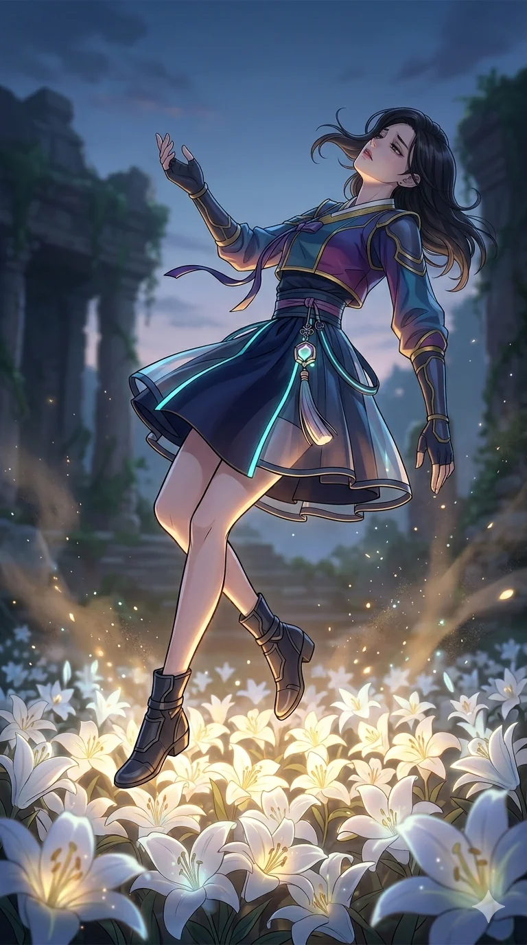 score_9, masterpiece, best quality, ultra-detailed, high-budget anime movie keyframe, cinematic anime lighting, intricate line art, Korean anime girl. Mid-air action shot capturing a graceful twist and vertical silhouette. collapsing onto a bed of glowing lilies after a magical battle. She has an absolutely perfect 8-heads proportion, an exceptionally tall and slender female figure with an ultra-slim waist and impossibly long slender legs. strictly human anatomy, two legs only, no extra limbs, clearly defined legs and arms, perfect anatomy, perfect hands and fingers. sharp v-shaped jawline, high-bridge nose, intricate jewel-like eyes, thick eyelashes, glossy lips. Wearing Modern Traditional: Shortened cyber-hanbok with fusion silk robes and transparent panels. The scene is illuminated by dramatic atmospheric lighting and vibrant color palettes. , 2k, ultra detail, master piece, 9:16 ratio