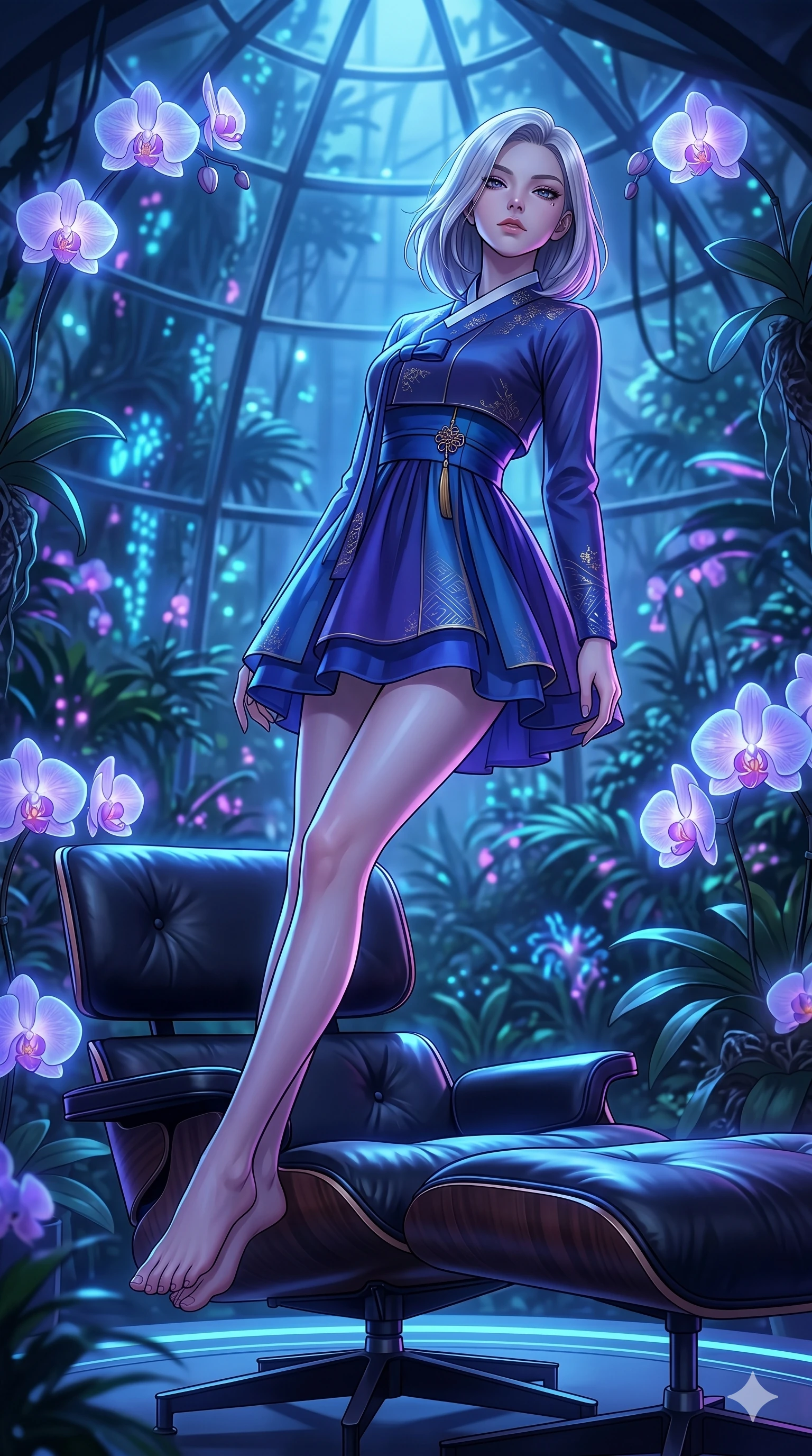score_9, masterpiece, best quality, ultra-detailed, high-budget anime keyframe, editorial fashion photography, tasteful artistic composition, Caucasian woman, strictly human ears. low angle full-body shot from head to toe showing her feet, filling the entire 9:16 vertical frame with her statuesque presence, stretching her vertical silhouette. leaning back on a leather lounge chair, tilting her chin up with a relaxed, composed expression inside a bioluminescent rainforest dome where orchid petals glow softly (Code-P18-055). She has an absolutely perfect 8-heads proportion, an exceptionally tall and slender female figure with impossibly long slender legs and an ultra-slim waist. V-shaped jawline, high-bridge nose, intricate jewel-like eyes with depth, thick eyelashes, glossy lips with a natural sheen. wearing a modern high-neck fusion hanbok with long sleeves. cool blue and violet neon light, highlighting the sleek contours of her athletic figure. 2k, ultra detail, master piece, 9:16 ratio