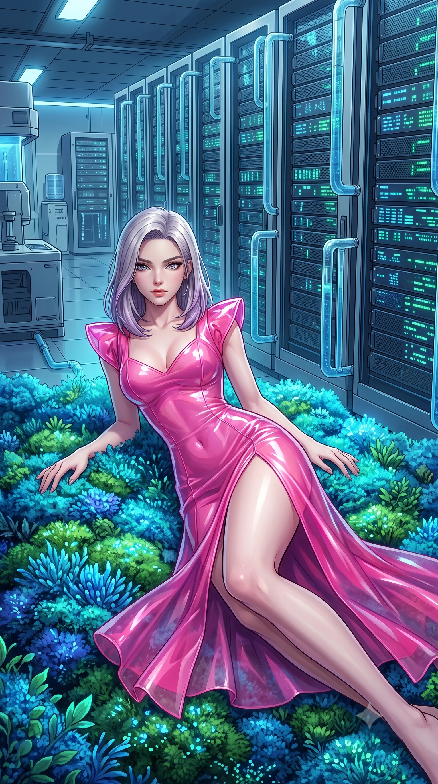 score_9, masterpiece, best quality, ultra-detailed, High-budget Anime Keyframe, Caucasian woman, strictly human ears. Low angle cowboy shot filling the entire 9:16 frame with her statuesque presence. Scenario 463: lying gracefully on a bed of bioluminescent moss inside a high-tech laboratory with rows of water-cooled server racks. Her presence is magnetic and overpowering in this high-budget anime scene. Outfit 463: a form-contouring hot pink translucent PVC slip dress featuring a high-slit skirt and structured shoulders. The clothing is designed to emphasize her exceptionally tall and slender 8-heads proportion. 8-heads proportion, towering silhouette, ultra-slim waist. sharp v-shaped jawline, intricate jewel-like eyes with depth, thick eyelashes, glossy lips. 2k, ultra detail, master piece, 9:16 ratio