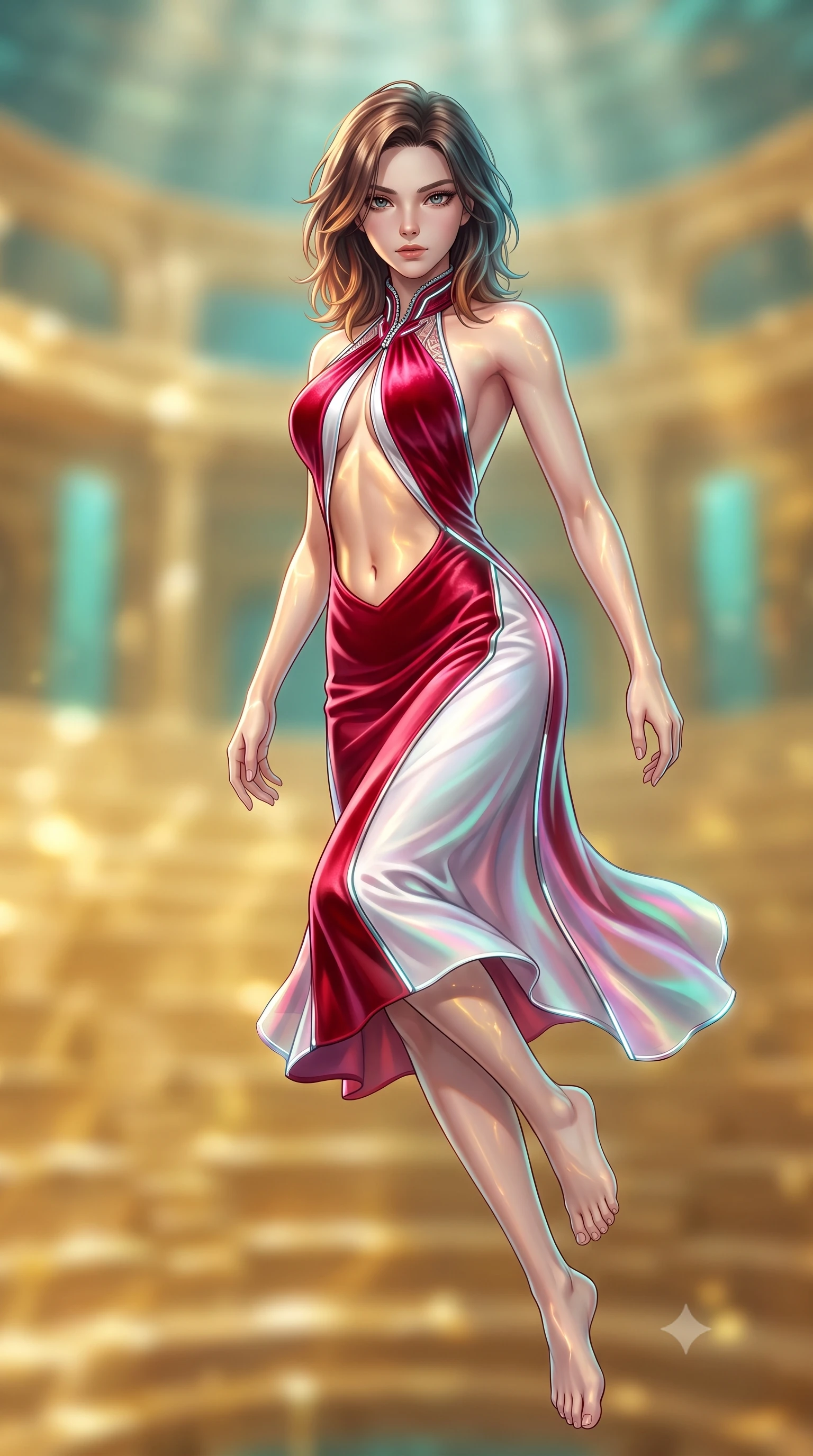 score_9, masterpiece, best quality, ultra-detailed, high-budget anime keyframe, semi-realistic 3D game render, editorial fashion photography, tasteful artistic composition, Korean woman. low angle full-body shot from head to toe showing her feet, filling the entire 9:16 vertical frame with her statuesque presence, stretching her vertical silhouette. performing an alluring mid-air vault with flawless poise, looking directly into the camera with smoldering intensity while arching her back in a fluid motion as warm golden underwater caustics illuminate her sculpted flat midriff and torso. The composition keeps background elements in soft focus with creamy bokeh. sunken golden amphitheatre tiers and water caustics softened in luminous shallow depth of field. She has an absolutely perfect, statuesque 8.5-heads proportion, an exceptionally tall and slender model-like female figure with impossibly long slender legs, a toned flat midriff, and an ultra-slim waist. sharp v-shaped jawline, high-bridge nose, intricate jewel-like eyes with depth, thick eyelashes, glossy lips with a natural sheen, flawlessly proportioned anatomical accuracy, strict slender model proportions, natural body alignment, perfectly sculpted long slender limbs, ultra-slim waistline, clean dynamic posture without body distortion. wearing a velvet halter-neck midi dress fitting her statuesque contour flawlessly with a Tasteful chest slit and open spine in radiant crimson silk and crisp snow white, made of smooth iridescent silk chiffon that shifts colors with movement, featuring a dangerously unzipped neckline framed by glowing cybernetic accents, the precision-cut daring openings accentuating her delicate midriff, graceful bare collarbones, and ultra-slim feminine waistline. illuminated by soft turquoise ambient fill and sparkling specular highlights tracing her slender curves. highly saturated vibrant anime colors, detailed shading with soft gradients, rich glossy textures, high-contrast stereoscopic depth, volumetric dynamic lighting, master piece, 9:16 ratio