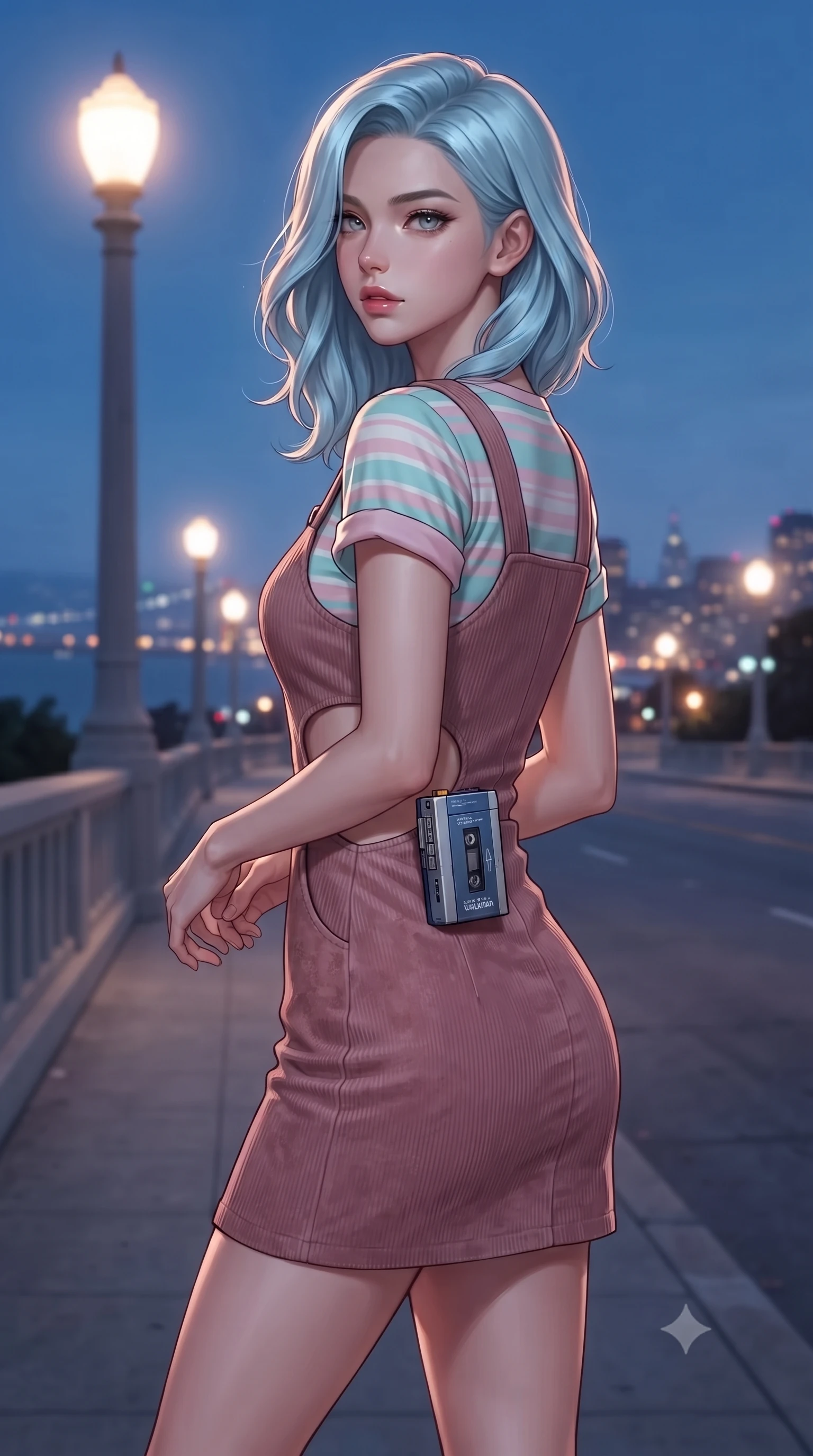 score_9, masterpiece, best quality, ultra-detailed, high-budget anime keyframe, editorial fashion photography, tasteful artistic composition, Korean woman. close-up cowboy shot from the waist and thighs up, the character dominates the composition, filling the frame with her large presence. turning over her shoulder with an indomitable, smoldering gaze, her soft hair framing her razor-sharp v-shaped jawline while standing poised on the bridge sidewalk under glowing art-deco streetlamps as distant city lights twinkle across the bay. The composition keeps background elements in soft focus with creamy bokeh. cool ocean mist and streetlamp halos scattering dreamy nostalgic light motes across the road. She has an exceptionally elegant, slender, and willowy female figure with an ultra-slim waist, a gracefully sculpted slender torso, toned flat midriff, and a refined slim silhouette. sharp v-shaped jawline, high-bridge nose, intricate jewel-like eyes with depth, thick eyelashes, glossy lips with a natural sheen, captivating and magnetic expression, flawlessly proportioned anatomical accuracy, strict slender model proportions, natural body alignment, perfectly sculpted long slender limbs, ultra-slim waistline, clean dynamic posture without body distortion. wearing a vintage corduroy dungaree dress layered over a pastel striped baby-tee with rolled cuffs in retro turquoise, baby pink, and white, tailored from velvety soft genuine suede with classic stitched seams, accessorized with a vintage portable cassette Walkman clipped to her waistband, the precision-cut daring openings accentuating her delicate midriff, graceful bare collarbones, and ultra-slim feminine waistline. illuminated by crisp metallic reflections tracing her ultra-slim waistline, collarbones, and long legs. ultra-reflective glossy finish, specular highlights, rich textural contrasts, high-contrast stereoscopic depth, volumetric dynamic lighting, 2k, ultra detail, master piece, 9:16 ratio
