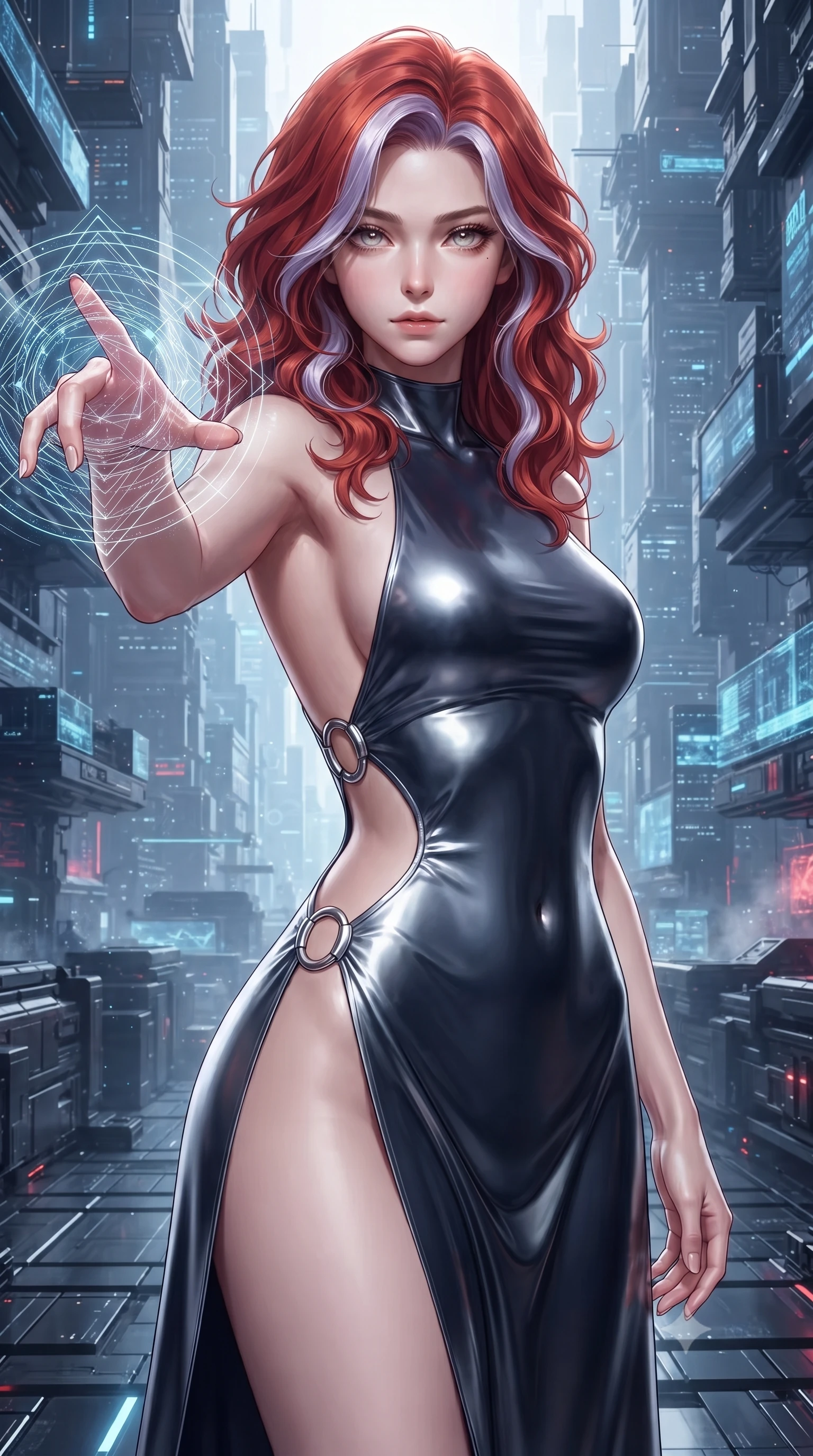 score_9, masterpiece, best quality, ultra-detailed, high-budget anime keyframe, editorial fashion photography, tasteful artistic composition, Caucasian woman. close-up cowboy shot from the waist and thighs up, the character dominates the composition, filling the frame with her large presence. gazing forward with divine sovereign poise, captivating jewel-like eyes shining with transcendent luminescence and alluring grace while extending one arm with sovereign authority as complex holographic geometric mandalas orbit her fingertips. The surrounding environment is rendered in vivid detail and crisp panoramic clarity. vibrant high-contrast cybernetic lighting and monumental quantum architecture in panoramic precision. She has an exceptionally elegant, slender, and willowy female figure with an ultra-slim waist, a gracefully sculpted slender torso, toned flat midriff, and a refined slim silhouette. sharp v-shaped jawline, high-bridge nose, intricate jewel-like eyes with depth, thick eyelashes, glossy lips with a natural sheen, flawlessly proportioned anatomical accuracy, strict slender model proportions, natural body alignment, perfectly sculpted long slender limbs, ultra-slim waistline, clean dynamic posture without body distortion. wearing a backless molten silver liquid-metal gown with a high-cut side slit and precision-fitted waist boning in deep midnight navy blue and pure starlight chrome, made of liquid jersey fabric that clings flawlessly to every contour of her build, detailed with polished silver rings connecting the daring side-waist cutouts, the sleek second-skin cut tightly hugging her graceful clavicle, narrow waist, and feminine curves with athletic precision. surrounded by an omniscient, divine, and radiantly transcendent digital muse aura. ultra-reflective glossy finish, specular highlights, dark metallic sheen, high-contrast stereoscopic depth, volumetric dynamic lighting, 2k, ultra detail, master piece, 9:16 ratio