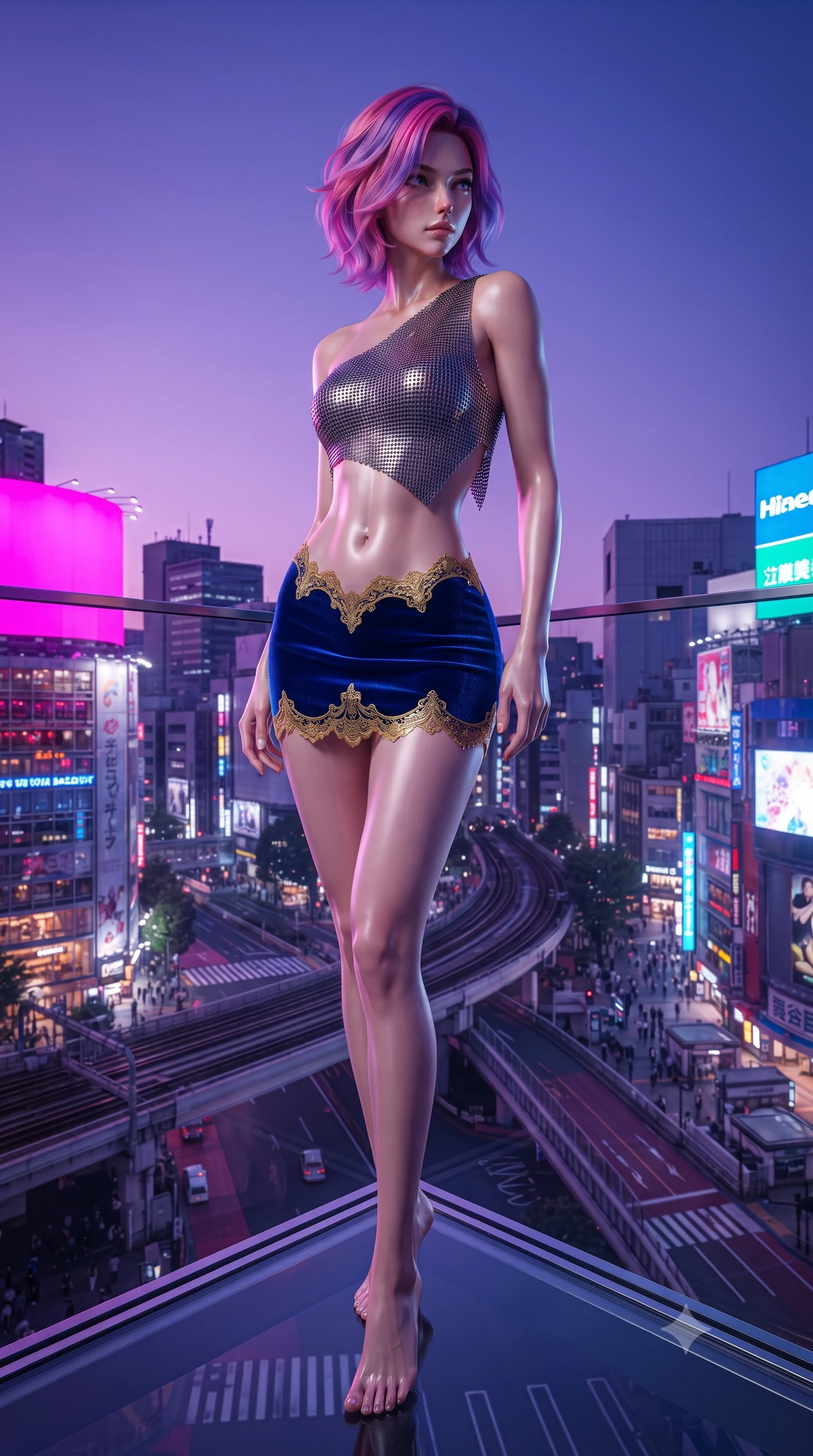 score_9, masterpiece, best quality, ultra-detailed, high-budget anime keyframe, editorial fashion photography, tasteful artistic composition, Caucasian woman. low angle full-body shot from head to toe showing her feet, filling the entire 9:16 vertical frame with her statuesque presence, stretching her vertical silhouette. walking along the terrace with poise, looking back over her bare shoulder with an irresistible smoldering bedroom-gaze while standing poised on the glass corner platform 230 meters above Shibuya, arching her spine with supermodel poise as twilight deepens. The surrounding environment is rendered in vivid detail and crisp panoramic clarity: detailed cheongsam-inspired mini dress weave, high-slit seam borders, and Tokyo megalopolis infrastructure in razor-sharp precision. She has an exceptionally tall and slender model-like 8.5-heads proportion, an ultra-slim waist, a flat toned midriff, narrow delicate ribcage, and beautifully sculpted feminine hips creating a graceful, slim hourglass silhouette without any bulky heaviness, with impossibly long slender legs. sharp v-shaped jawline, high-bridge nose, intricate jewel-like sparkling eyes with depth, thick eyelashes, glossy parted lips with a natural peach sheen, bright cheerful beaming smile with an enchanting and coquettish sensual glint, exuding both youthful cute charm and seductive allure, flawlessly proportioned anatomical accuracy, strict slender model proportions, natural body alignment, perfectly sculpted long slender limbs, ultra-slim waistline, clean dynamic posture without body distortion. wearing an asymmetric one-shoulder metallic chainmail crop top paired with an ultra-low-rise velvet mini skirt in Burj Arabian royal sapphire blue and molten gold, tailored from ultra-plush silk velvet with rich tactile depth and deep shadow gradients, finished with scalloped eyelash lace trim framing her sweetheart neckline with intimate elegance, the form-contouring silhouette accentuating her sculpted flat midriff, narrow delicate ribcage, and gracefully curvy hips with intoxicating allure. bathed in the breathtaking contrast of violet dusk sky and blinding saturated neon magenta and cyan billboard backlighting. ultra-reflective glossy finish, specular highlights, rich textural contrasts, high-contrast stereoscopic depth, volumetric dynamic lighting, 2k, ultra detail, master piece, 9:16 ratio