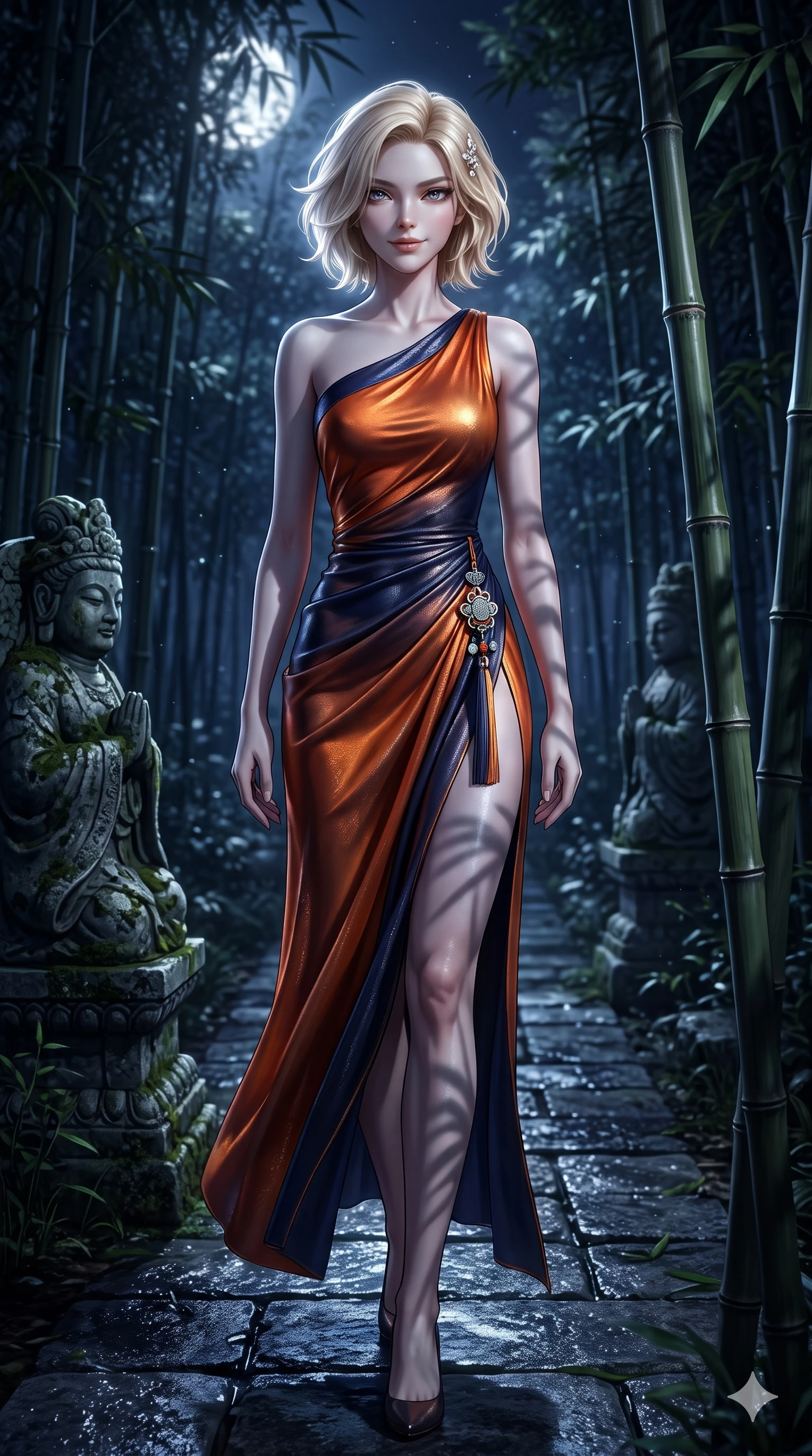 score_9, masterpiece, best quality, ultra-detailed, high-budget anime keyframe, semi-realistic 3D game render, editorial fashion photography, tasteful artistic composition, Caucasian woman. close-up cowboy shot from the waist and thighs up, the character dominates the composition, filling the frame with her large presence. turning slowly with an enchanting smoldering smile, her glossy hair tossing in the breeze as her hips angle gracefully in a captivating contrapposto while stepping forward along the stone path with hypnotic grace, hips swaying in an alluring sensual rhythm that accentuates her curvy silhouette. The surrounding environment is rendered in vivid detail and crisp panoramic clarity: sharp bamboo node rings, moss lichen on carved stone statues, and wet granite path paving in deep focus. She has an exceptionally elegant, slender, and willowy female figure with an ultra-slim waist, flat toned midriff, narrow ribcage, and sculpted feminine hips creating an alluring, slim hourglass silhouette without bulk. sharp v-shaped jawline, high-bridge nose, sparkling eyes with hypnotic seductive depth, thick curled eyelashes, glossy parted lips with a natural dewy peach sheen, alluring bedroom-eyes with an enchanting coquettish smile, exuding magnetic siren charisma and sophisticated glamour, flawlessly proportioned anatomical accuracy, strict slender model proportions, natural body alignment, perfectly sculpted long slender limbs, ultra-slim waistline, clean dynamic posture without body distortion. wearing an asymmetric one-shoulder liquid mercury silk dress with a dramatic hip-high wrap slit and norigae waist charm in sunset tangerine orange and deep navy indigo, woven from metallic lurex thread casting radiant starlight glints across her silhouette, finished with delicate mother-of-pearl hairpin ornaments glinting in her dark glossy hair, the impeccably tailored cut draping gracefully along her slender figure with aristocratic eastern poise. bathed in crisp silver moonlight filtering down through dense bamboo canopies creating intricate linear shadows. highly saturated vibrant anime colors, detailed shading with soft gradients, rich glossy textures, high-contrast stereoscopic depth, volumetric dynamic lighting, master piece, 9:16 ratio