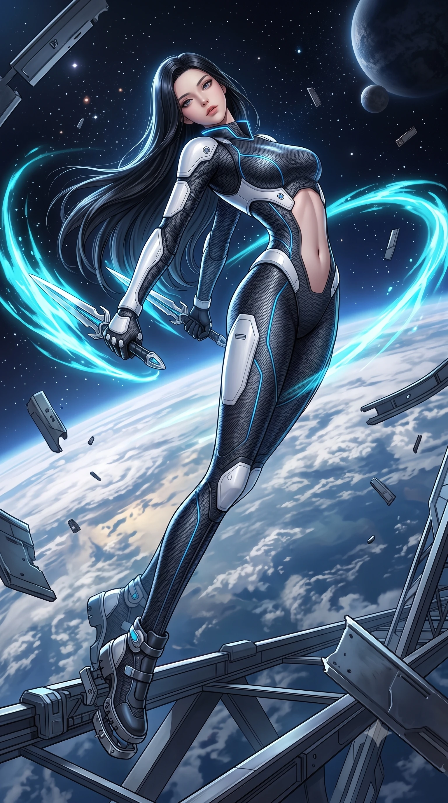 score_9, masterpiece, best quality, ultra-detailed, high-budget anime keyframe, semi-realistic 3D game render, editorial fashion photography, tasteful artistic composition, Korean woman. low angle full-body shot from head to toe showing her feet, filling the entire 9:16 vertical frame with her statuesque presence, stretching her vertical silhouette. arching her back gracefully in mid-air during a dynamic combat vault, her weapon energy trail framing her statuesque presence while pivoting dynamically on a magnetic catwalk as floating zero-gravity metal debris and starlight frame her statuesque silhouette. The surrounding environment is rendered in vivid detail and crisp panoramic clarity. detailed magnetic boot clamp seams, Earth's atmospheric cloud patterns, and titanium gantry in high clarity. She has an absolutely perfect, statuesque 8.5-heads proportion, an exceptionally tall and slender model-like female figure with impossibly long slender legs, a toned flat midriff, and an ultra-slim waist. sharp v-shaped jawline, high-bridge nose, intricate jewel-like eyes with depth, thick eyelashes, glossy lips with a natural sheen, flawlessly proportioned anatomical accuracy, strict slender model proportions, natural body alignment, perfectly sculpted long slender limbs, ultra-slim waistline, clean dynamic posture without body distortion. wearing an aerodynamic dark titanium carbon-mesh jumper with glowing blue fiber lines, holding twin chrome vibro-daggers with deadly supermodel poise in glacial ice-cyan carbon mesh with pure white armor plates, made of lightweight aerodynamic carbon-titanium alloy with polished edge bevels, featuring a sleek aerodynamic collar framed by subtle glowing cybernetic status LEDs, the form-contouring material adhering flawlessly to her sculpted flat midriff and slender torso, emphasizing her long leg lines and perfectly proportioned willowy build. surrounded by an awe-inspiring, calm, and radiantly deadly orbital sharpshooter goddess aura. rich saturated anime colors with glowing neon highlights, detailed shading with soft gradients, rich glossy textures, high-contrast stereoscopic depth, volumetric dynamic lighting, master piece, 9:16 ratio