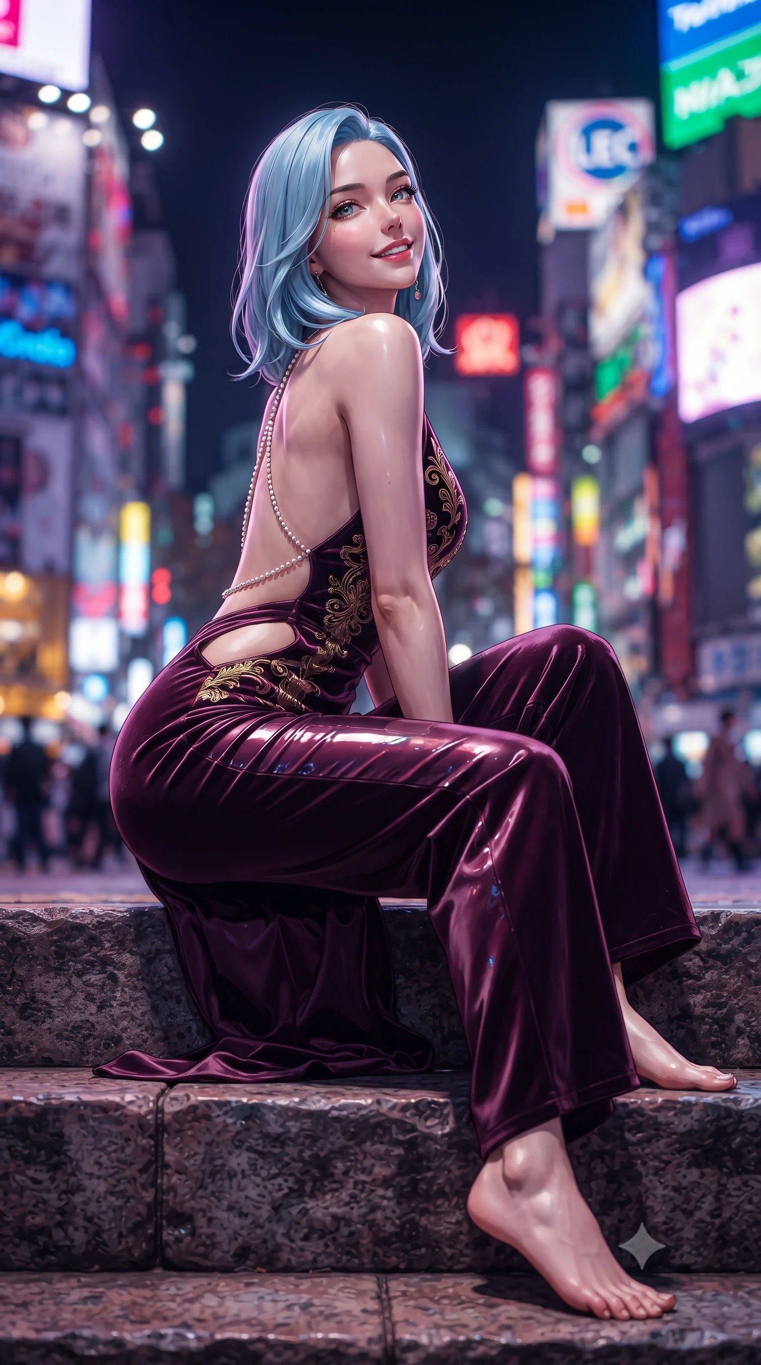 score_9, masterpiece, best quality, ultra-detailed, high-budget anime keyframe, editorial fashion photography, tasteful artistic composition, Korean woman. low angle full-body shot from head to toe showing her feet, filling the entire 9:16 vertical frame with her statuesque presence, stretching her vertical silhouette. sitting poised on the stone steps with one knee bent, arching her spine with supermodel elegance as she glances upward through thick eyelashes while twisting her slender torso in an alluring contrapposto stance, thousands of neon billboards casting saturated electric colors across her curves. The background shows a soft-focus colossal Shibuya Crossing with tiny pedestrian crowds, massive neon video billboards, and dense Tokyo skyline blurred into electric magenta, cyan, and amber bokeh. She has an exceptionally tall and slender model-like 8.5-heads proportion, an ultra-slim waist, a flat toned midriff, narrow delicate ribcage, and beautifully sculpted feminine hips creating a graceful, slim hourglass silhouette without any bulky heaviness, with impossibly long slender legs. sharp v-shaped jawline, high-bridge nose, intricate jewel-like sparkling eyes with depth, thick eyelashes, glossy parted lips with a natural peach sheen, bright cheerful beaming smile with an enchanting and coquettish sensual glint, exuding both youthful cute charm and seductive allure, flawlessly proportioned anatomical accuracy, strict slender model proportions, natural body alignment, perfectly sculpted long slender limbs, ultra-slim waistline, clean dynamic posture without body distortion. wearing a backless plunge-front silk satin jumpsuit with fluid wide-leg silhouette and daring side hip cutouts in opulent dark velvet plum and gilded filigree, crafted from high-tensile reflective patent leather with sleek specular highlights, accented with a pearl-drop body harness subtly framing her dewy collarbones and spine, the high-slit wrap tailoring accentuating her ultra-slim waistline and the enchanting curve of her feminine hips with alluring seductive charm. bathed in the breathtaking contrast of violet dusk sky and blinding saturated neon magenta and cyan billboard backlighting. ultra-reflective glossy finish, specular highlights, rich textural contrasts, high-contrast stereoscopic depth, volumetric dynamic lighting, 2k, ultra detail, master piece, 9:16 ratio
