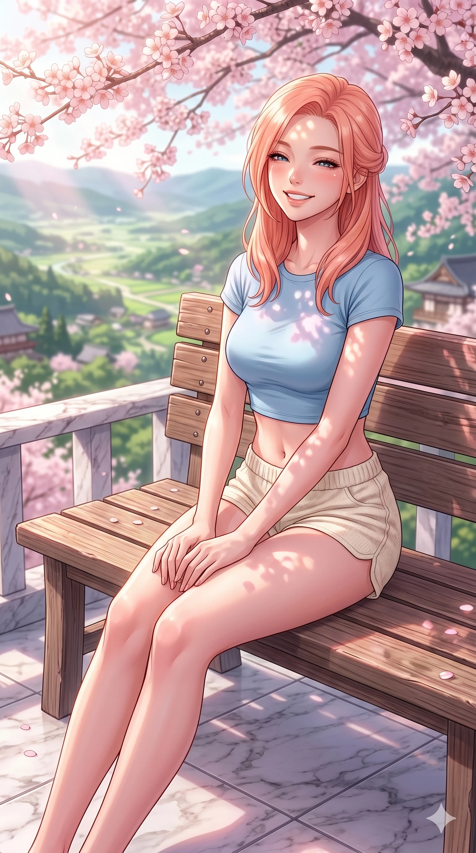 score_9, masterpiece, best quality, ultra-detailed, high-budget anime keyframe, vibrant anime aesthetic, Japanese woman. cowboy shot from the thighs up, character and outfit filling the frame for maximum presence. She is sitting on a wooden bench, smiling cheerfully while enjoying the spring sun on a marble balcony overlooking a green valley (Code-P20-092). She has an absolutely perfect 8-heads proportion, an exceptionally tall and slender female figure with impossibly long slender legs and an ultra-slim waist. V-shaped jawline, high-bridge nose, intricate jewel-like eyes with depth, thick eyelashes, glossy lips with a natural sheen. wearing a tight crop top showing bare midriff and micro-shorts in cotton. She is drenched in soft sunbeams filtering through cherry blossoms, casting a pinkish glow. 2k, ultra detail, master piece, 9:16 ratio