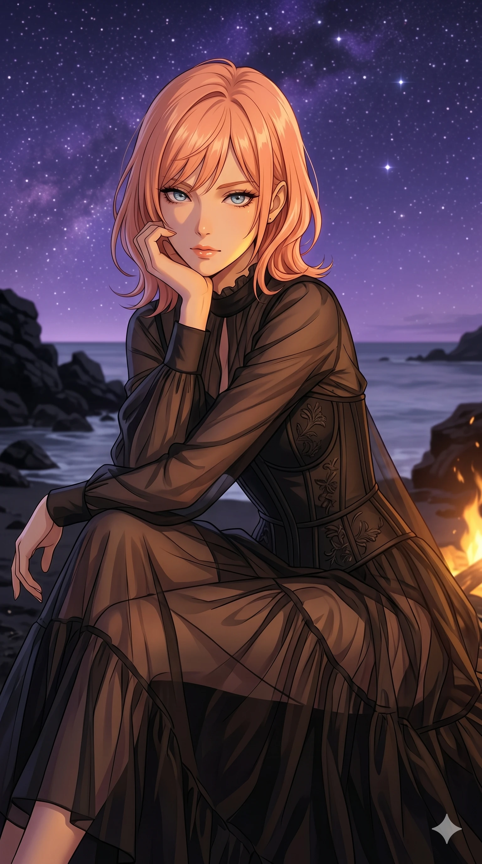 score_9, masterpiece, best quality, ultra-detailed, high-budget anime keyframe, editorial fashion photography, tasteful artistic composition, Japanese woman. cowboy shot from the thighs up, character and outfit filling the frame for maximum editorial presence. resting her chin on her hand, looking directly at the camera with a confident gaze on a secluded black volcanic beach under a sky of violet starlight (Code-P18-160). She has an absolutely perfect 8-heads proportion, an exceptionally tall and slender female figure with impossibly long slender legs and an ultra-slim waist. V-shaped jawline, high-bridge nose, intricate jewel-like eyes with depth, thick eyelashes, glossy lips with a natural sheen. wearing a sheer chiffon dress with a black corset bodice. warm amber firelight casting dancing shadows and a soft golden glow over her features. 2k, ultra detail, master piece, 9:16 ratio