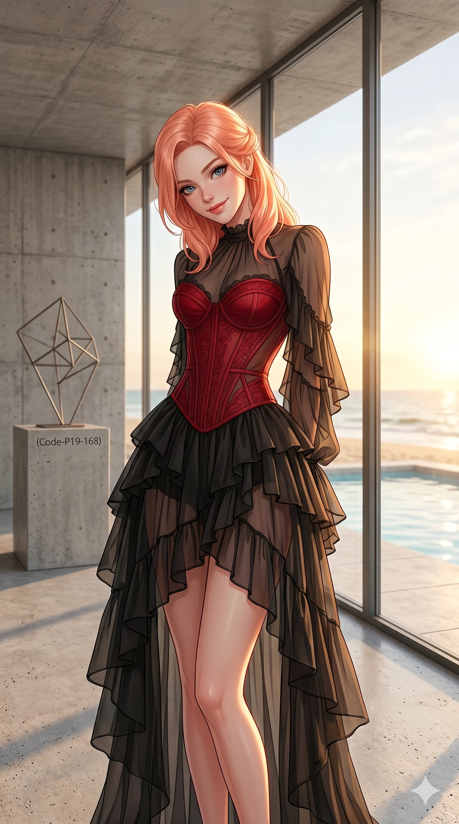 score_9, masterpiece, best quality, ultra-detailed, high-budget anime keyframe, editorial fashion photography, tasteful artistic composition, Japanese woman. cowboy shot from the thighs up, character and outfit filling the frame for maximum editorial presence. tilting her head with a playful, teasing smile inside a concrete minimalist gallery overlooking a beachside pool (Code-P19-168). She has an absolutely perfect 8-heads proportion, an exceptionally tall and slender female figure with impossibly long slender legs and an ultra-slim waist. V-shaped jawline, high-bridge nose, intricate jewel-like eyes with depth, thick eyelashes, glossy lips with a natural sheen. wearing a sheer chiffon dress with a red corset bodice. golden sunset light streaming through the window, outlining her high-bridge nose and lips. 2k, ultra detail, master piece, 9:16 ratio