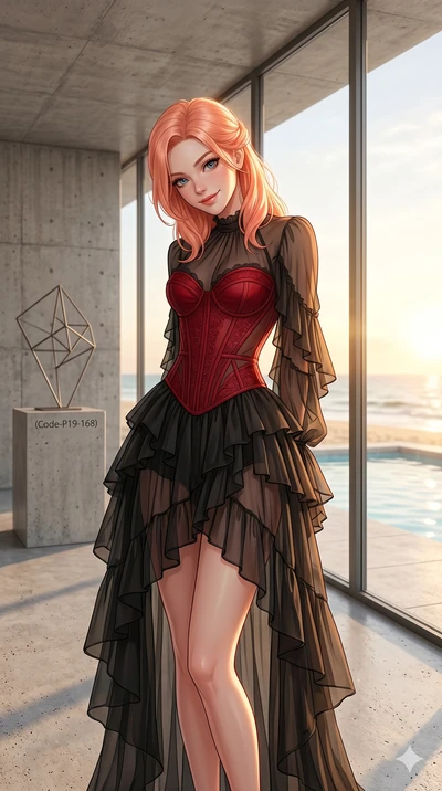 score_9, masterpiece, best quality, ultra-detailed, high-budget anime keyframe, editorial fashion photography, tasteful artistic composition, Japanese woman. cowboy shot from the thighs up, character and outfit filling the frame for maximum editorial