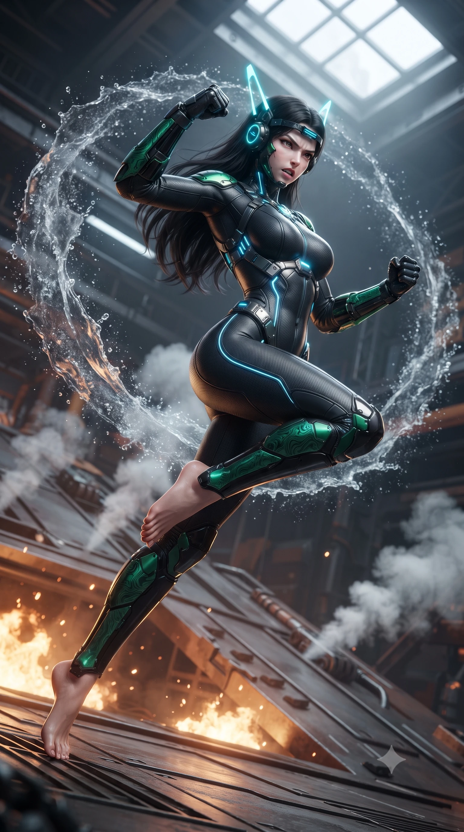 score_9, masterpiece, best quality, ultra-detailed, high-budget anime keyframe, editorial fashion photography, tasteful artistic composition, Korean woman. low angle full-body shot from head to toe showing her feet, filling the entire 9:16 vertical frame with her statuesque presence, stretching her vertical silhouette. leaping into mid-air with an athletic yet alluring arch of her spine, driving a downward kinetic strike surrounded by a ring of displaced air while pivoting dynamically on the slanted metal plating as steam hisses from cooling hydraulics beneath her boots. The composition keeps background elements in soft focus with creamy bokeh. sparkling coolant mist and glowing status LEDs scattering soft light motes across a battleground backdrop. She has an absolutely perfect, statuesque 8.5-heads proportion, an exceptionally tall and slender model-like female figure with impossibly long slender legs, a toned flat midriff, and an ultra-slim waist. sharp v-shaped jawline, high-bridge nose, intricate jewel-like eyes with depth, thick eyelashes, glossy lips with a natural sheen, fierce and resolute heroine expression, flawlessly proportioned anatomical accuracy, strict slender model proportions, natural body alignment, perfectly sculpted long slender limbs, ultra-slim waistline, clean dynamic posture without body distortion. wearing a lightweight carbon-fiber tactical sensory headpiece with glowing cyan ear-antennae and an ultra-thin forehead HUD brow-band, paired with a skin-tight dark carbon-weave combat bodysuit with glowing neon energy conduits and reinforced Damascus-pattern forearm strike guards in toxic emerald green carbon composite with glowing lime warning channels, made of liquid carbon-jersey fabric accentuating every curve of her tall, slender model proportions, reinforced by a heavy-duty titanium tactical harness and glowing micro-energy status straps, the sleek second-skin cut tightly hugging her graceful clavicle, narrow waist, and feminine curves with athletic precision. bathed in glowing amber reactor fire uplights and cool overcast skylight fill. ultra-reflective glossy finish, specular highlights, dark metallic sheen, high-contrast stereoscopic depth, volumetric dynamic lighting, 2k, ultra detail, master piece, 9:16 ratio