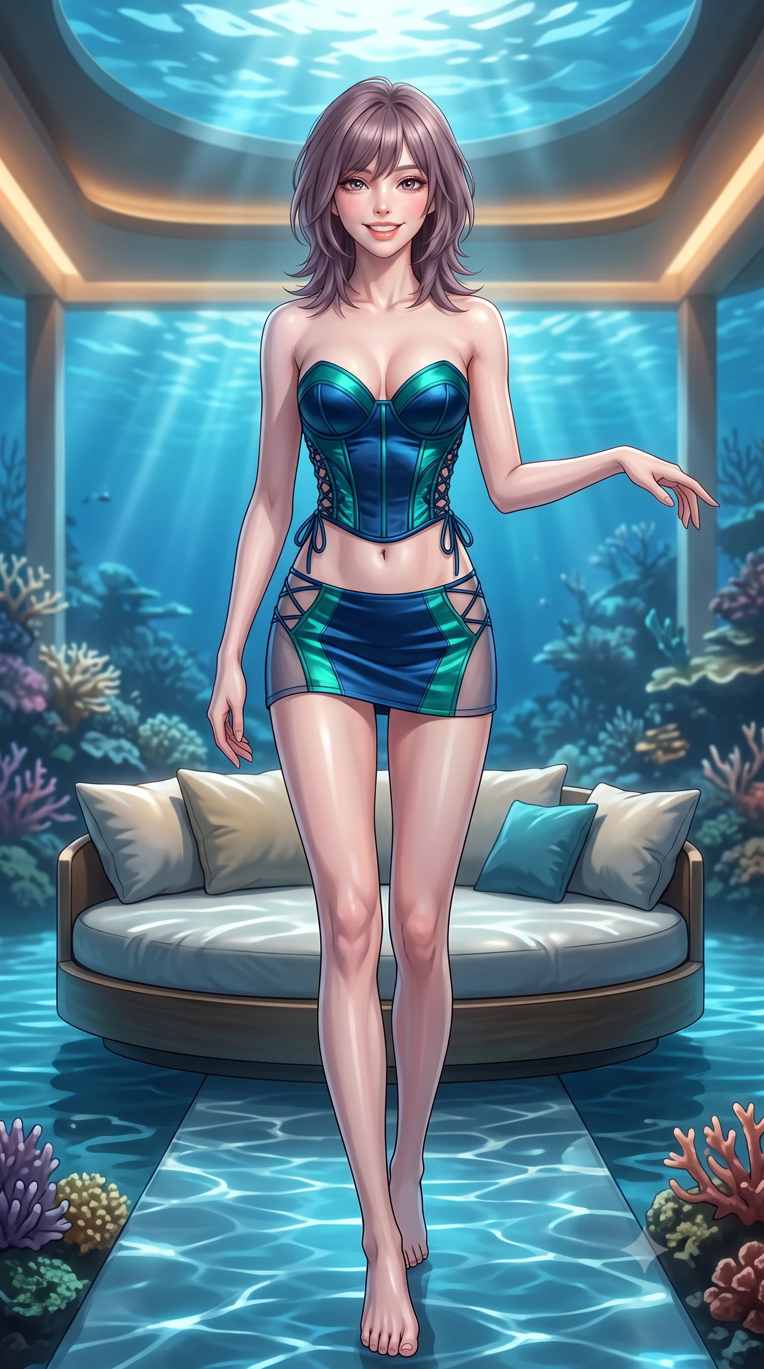 score_9, masterpiece, best quality, ultra-detailed, high-budget anime keyframe, editorial fashion photography, tasteful artistic composition, Japanese woman. low angle full-body shot from head to toe showing her feet, filling the entire 9:16 vertical frame with her statuesque presence, stretching her vertical silhouette. stepping slowly toward the camera with hypnotic grace, hips swaying in an alluring sensual rhythm that accentuates her curvy hourglass silhouette and long slender legs while lounging gracefully across the circular daybed propped on one elbow with legs extended, displaying her long slender limbs and statuesque hourglass silhouette against the reef. The background shows a soft-focus sunlight caustics filtering through 20 meters of crystal-clear ocean softened in submerged coral pavilion shallow focus. She has an exceptionally tall and slender model-like 8.5-heads proportion, an ultra-slim waist, a flat toned midriff, narrow delicate ribcage, and beautifully sculpted feminine hips creating a graceful, slim hourglass silhouette without any bulky heaviness, with impossibly long slender legs. sharp v-shaped jawline, high-bridge nose, intricate jewel-like sparkling eyes with depth, thick eyelashes, glossy parted lips with a natural peach sheen, bright cheerful beaming smile with an enchanting and coquettish sensual glint, exuding both youthful cute charm and seductive allure, flawlessly proportioned anatomical accuracy, strict slender model proportions, natural body alignment, perfectly sculpted long slender limbs, ultra-slim waistline, clean dynamic posture without body distortion. wearing a sculpted satin cyber-corset with lace-up side ties paired with a low-rise micro skirt in abyssal ocean sapphire and bioluminescent emerald, featuring strategic sheer-illusion tulle side panels framing her ribcage and hips, featuring fine criss-cross lace-up side ties revealing tantalizing glimpses of her hip curve, the form-contouring silhouette accentuating her sculpted flat midriff, narrow delicate ribcage, and gracefully curvy hips with intoxicating allure. bathed in the glowing natural fluorescence of deep corals combined with warm 2500K interior recessed cove lighting. ultra-reflective glossy finish, specular highlights, rich textural contrasts, high-contrast stereoscopic depth, volumetric dynamic lighting, 2k, ultra detail, master piece, 9:16 ratio