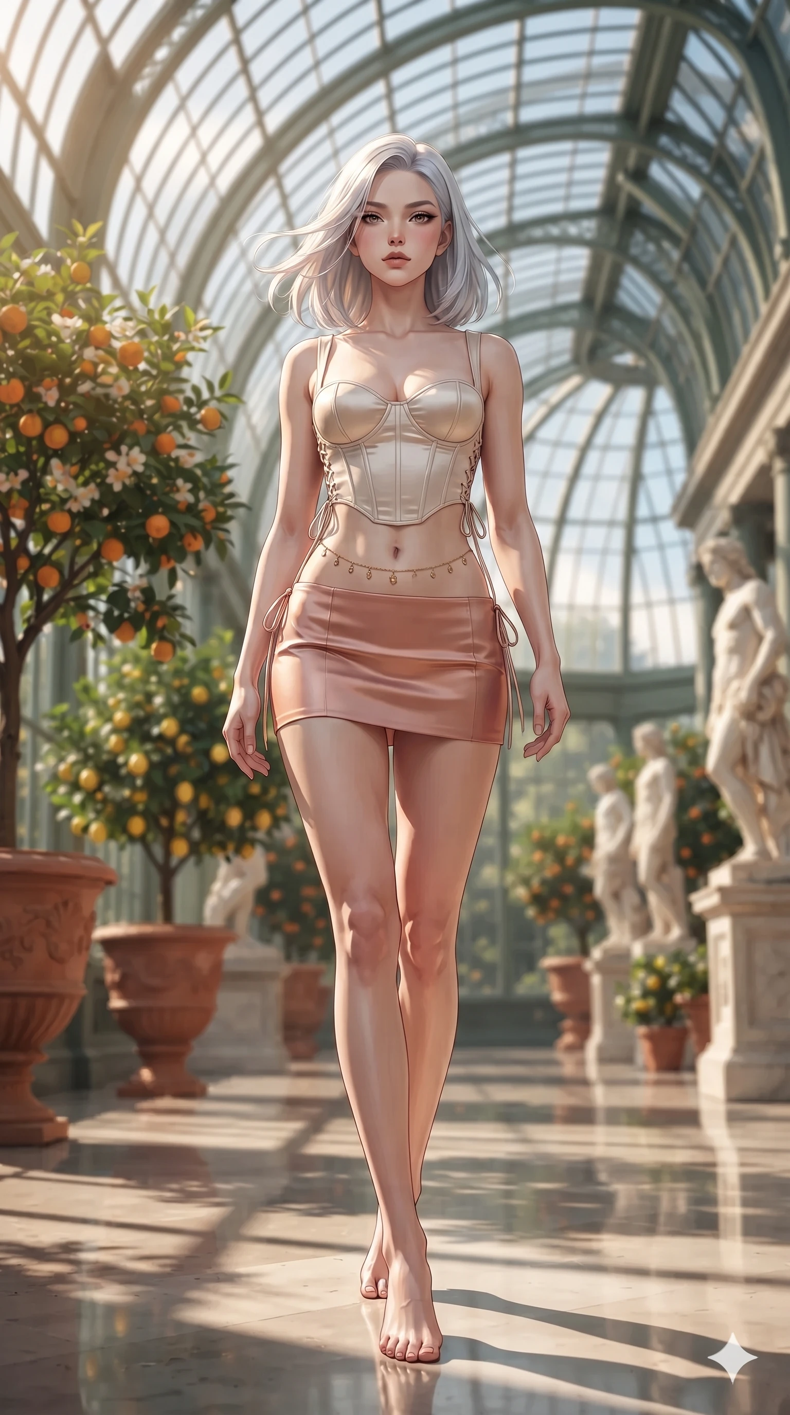 score_9, masterpiece, best quality, ultra-detailed, high-budget anime keyframe, editorial fashion photography, tasteful artistic composition, Korean woman. low angle full-body shot from head to toe showing her feet, filling the entire 9:16 vertical frame with her statuesque presence, stretching her vertical silhouette. stepping forward in a confident stride, her long slender legs and curvaceous hips creating a dynamic, sweeping vertical line while standing poised beneath the soaring curved glass ceiling beside a flowering citrus tree, arching her spine with ethereal siren poise as afternoon sunbeams lance through glass panes. The background shows a soft-focus flowering orange and lemon trees in terracotta urns, classical marble sculptures, and curved glass roof ribs blurred into citrus gold, emerald, and ivory bokeh. She has an exceptionally tall and slender model-like 8.5-heads proportion, an ultra-slim waist, a flat toned midriff, narrow delicate ribcage, and beautifully sculpted feminine hips creating a graceful, slim hourglass silhouette without any bulky heaviness, with impossibly long slender legs. sharp v-shaped jawline, high-bridge nose, intricate jewel-like sparkling eyes with depth, thick eyelashes, glossy parted lips with a natural sheen, intensely captivating and seductive bedroom-eyes expression, exuding both youthful cute charm and sovereign luxury allure, flawlessly proportioned anatomical accuracy, strict slender model proportions, natural body alignment, perfectly sculpted long slender limbs, ultra-slim waistline, clean dynamic posture without body distortion. wearing a sculpted matte satin underwire crop corset with lace-up side ties paired with a low-rise micro skirt in rose-quartz blush and burnished copper, crafted from bespoke double-faced cashmere with an exceptionally soft tactile finish, accented with a dainty gold belly chain resting across her flat midriff and curving hips, the form-contouring material adhering flawlessly to her sculpted flat midriff and slender torso, emphasizing her long leg lines and perfectly proportioned willowy build. illuminated by polished limestone floor reflections and sharp emerald-gold rim lights sculpting her razor-sharp jawline, narrow waist, and curvy hips. ultra-reflective glossy finish, specular highlights, rich textural contrasts, high-contrast stereoscopic depth, volumetric dynamic lighting, 2k, ultra detail, master piece, 9:16 ratio