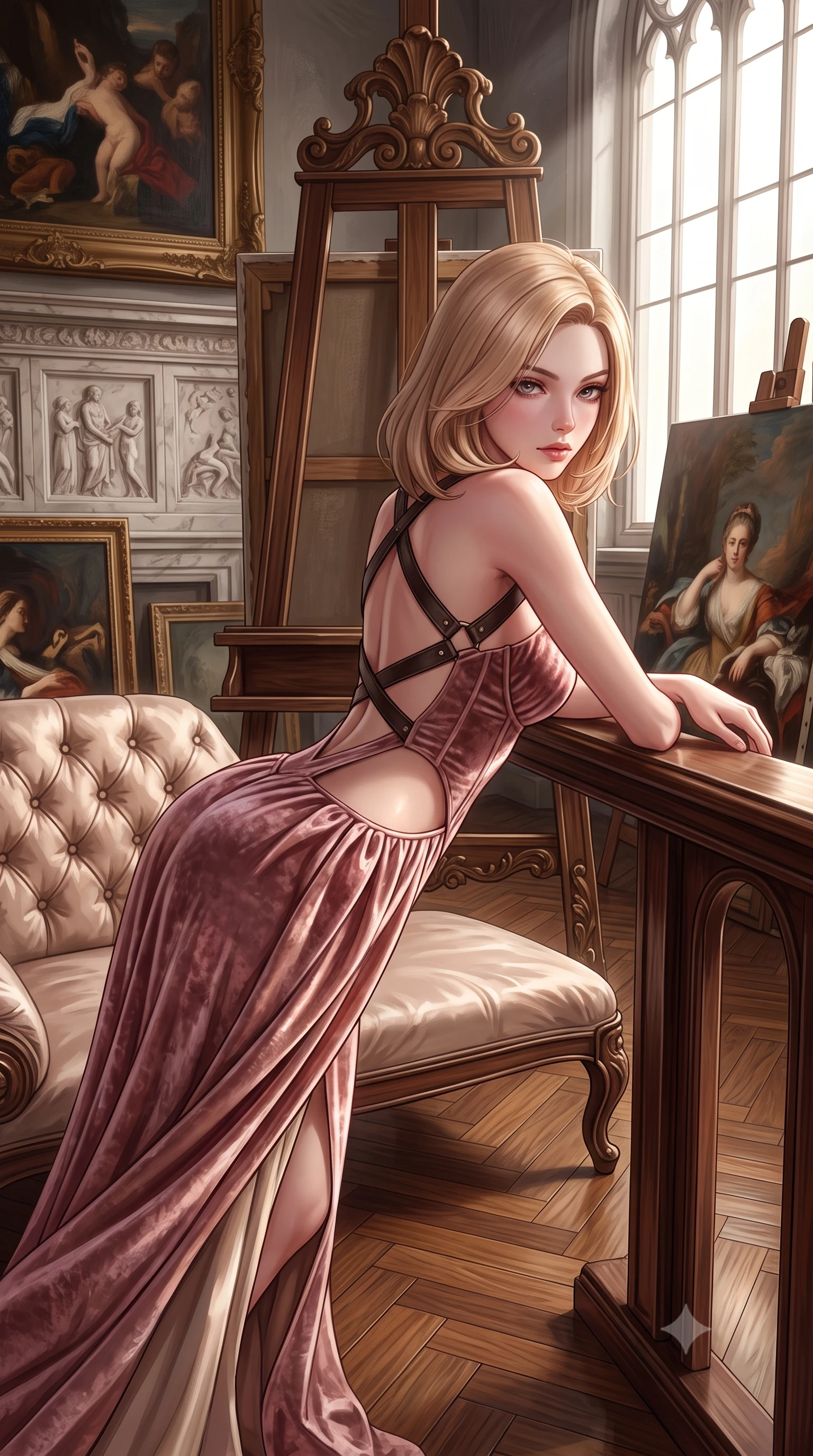 score_9, masterpiece, best quality, ultra-detailed, high-budget anime keyframe, semi-realistic 3D game render, editorial fashion photography, tasteful artistic composition, Korean woman. close-up cowboy shot from the waist and thighs up, the character dominates the composition, filling the frame with her large presence. leaning forward against the polished railing with her hips cocked back, creating an intoxicating curve from her narrow waist to sculpted hips as she gazes back into the lens while reclining languidly on an antique tufted silk chaise lounge before a colossal Renaissance easel, arching her back with supermodel grace. The surrounding environment is rendered in vivid detail and crisp panoramic clarity. sharp oil painting brushstroke textures, carved marble relief, and polished herringbone parquet in deep focus. She has an exceptionally elegant, slender, and willowy female figure with an ultra-slim waist, flat toned midriff, narrow ribcage, and sculpted feminine hips creating an alluring, slim hourglass silhouette without bulk. sharp v-shaped jawline, high-bridge nose, intricate jewel-like eyes with depth, thick eyelashes, glossy parted lips with a natural sheen, intensely captivating and seductive bedroom-eyes expression, flawlessly proportioned anatomical accuracy, strict slender model proportions, natural body alignment, perfectly sculpted long slender limbs, ultra-slim waistline, clean dynamic posture without body distortion. wearing a deep sweetheart neckline crushed velvet corseted ballgown with an exposed midriff cutout in dusky blush rose and champagne shimmer, made of fluid silk crepe with delicate inner corsetry boning, featuring an open-back criss-cross harness strap in dark leather, the form-contouring material adhering flawlessly to her sculpted flat midriff and slender torso, emphasizing her long leg lines and perfectly proportioned willowy build. bathed in dramatic natural north skylight streaming through cathedral windows (Chiaroscuro North Light). highly saturated vibrant anime colors, detailed shading with soft gradients, rich glossy textures, high-contrast stereoscopic depth, volumetric dynamic lighting, master piece, 9:16 ratio