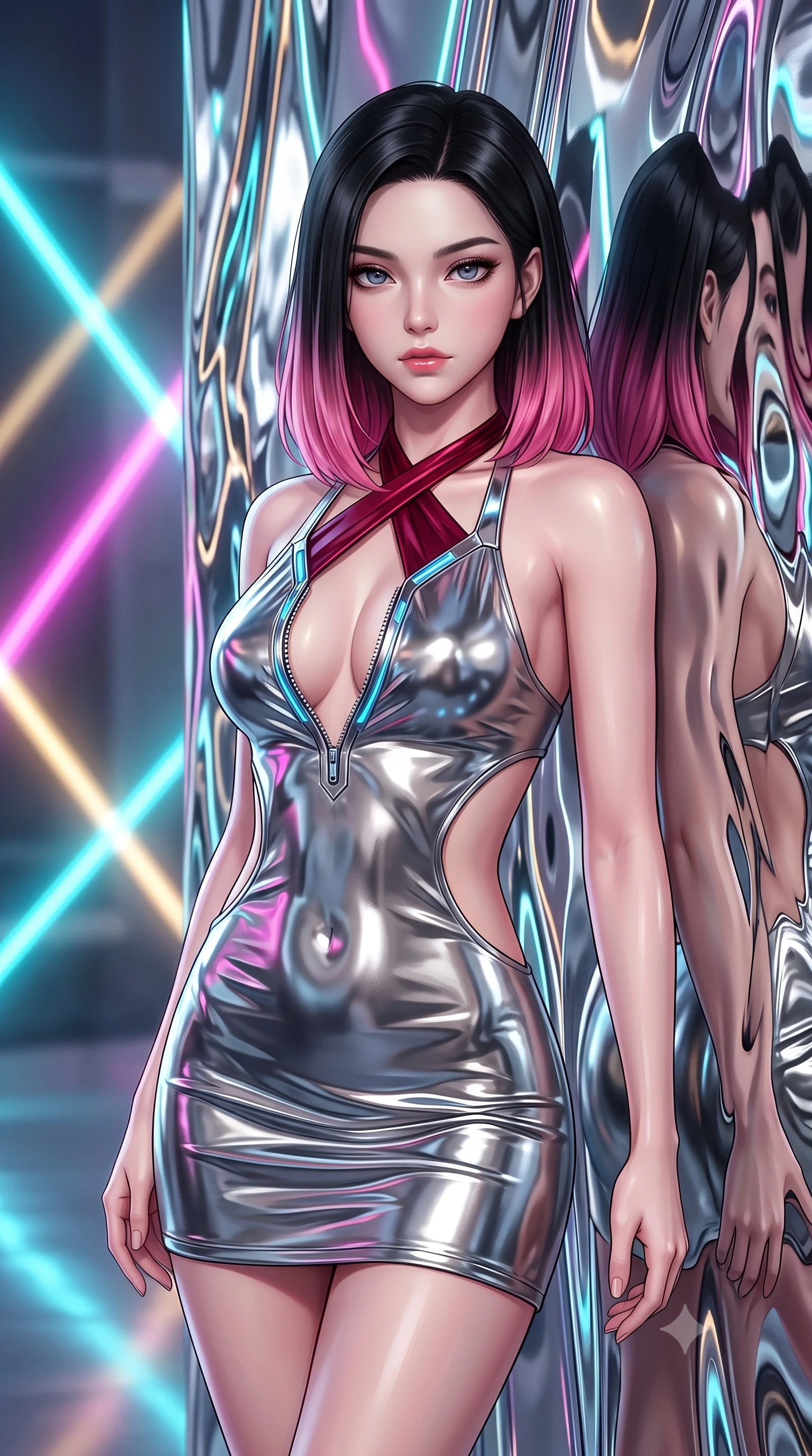score_9, masterpiece, best quality, ultra-detailed, high-budget anime keyframe, semi-realistic 3D game render, editorial fashion photography, tasteful artistic composition, Korean woman. close-up cowboy shot from the waist and thighs up, the character dominates the composition, filling the frame with her large presence. gazing directly into the lens with bedroom eyes and a breathtaking, dangerous allure that commands the entire composition while leaning seductively against a distorting chrome mirror wall while gazing directly into the lens. The composition keeps background elements in soft focus with creamy bokeh. glowing neon geometric lines scattering radiant specular light across a sleek backdrop. She has an exceptionally elegant, slender, and willowy female figure with an ultra-slim waist, a gracefully sculpted slender torso, and a refined silhouette. sharp v-shaped jawline, high-bridge nose, intricate jewel-like eyes with depth, thick eyelashes, glossy lips with a natural sheen, flawlessly proportioned anatomical accuracy, natural body alignment, perfectly sculpted elegant limbs, clean dynamic posture without body distortion. wearing a molten silver liquid-metal mini dress featuring deep side-waist cutouts and a daring crossover halter neckline in deep ruby red and polished chrome accents, made of liquid metal jersey that clings flawlessly to every contour of her build, featuring a dangerously unzipped neckline framed by glowing cybernetic accents, the liquid-tight fabric adhering flawlessly to her sculpted torso and slender silhouette. surrounded by a hyper-luxurious, futuristic, and fiercely glamorous fashion editorial aura. highly saturated vibrant anime colors, detailed shading with soft gradients, rich glossy textures, high-contrast stereoscopic depth, volumetric dynamic lighting, master piece, 9:16 ratio