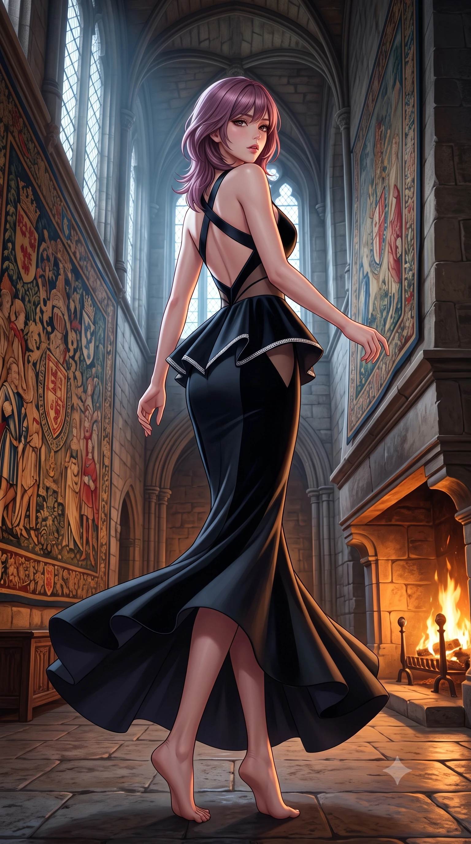 score_9, masterpiece, best quality, ultra-detailed, high-budget anime keyframe, semi-realistic 3D game render, editorial fashion photography, tasteful artistic composition, Japanese woman. low angle full-body shot from head to toe showing her feet, filling the entire 9:16 vertical frame with her statuesque presence, stretching her vertical silhouette. executing an elegant mid-motion pivot turn as garments swirl around her slender limbs, glancing over her shoulder with an intoxicating bedroom-gaze while standing poised between towering medieval armorial tapestries, twisting her slender torso in a deep contrapposto stance with smoldering bedroom-eyes. The surrounding environment is rendered in vivid detail and crisp panoramic clarity. rich high-contrast Scottish heritage chiaroscuro and atmospheric ancient fortress romance rendered with precision. She has an exceptionally tall and slender model-like 8.5-heads proportion, an ultra-slim waist, a flat toned midriff, narrow delicate ribcage, and beautifully sculpted feminine hips creating a graceful, slim hourglass silhouette without any bulky heaviness, with impossibly long slender legs. sharp v-shaped jawline, high-bridge nose, intricate jewel-like eyes with depth, thick eyelashes, glossy parted lips with a natural sheen, intensely captivating and seductive bedroom-eyes expression, flawlessly proportioned anatomical accuracy, strict slender model proportions, natural body alignment, perfectly sculpted long slender limbs, ultra-slim waistline, clean dynamic posture without body distortion. wearing a structural geometric peplum gown with sheer side-ribbon cutouts and form-fitting skirt in pitch-black velvet with diamond crystal trim, tailored from water-resistant treated wool gabardine and flexible stretch silk, finished with criss-cross back satin straps highlighting her graceful shoulder blades, the liquid-tight tailored fabric clinging flawlessly to her narrow waist and rounded feminine hips, emphasizing every millimeter of her sculpted slim hourglass curves without any bulky heaviness. bathed in roaring stone hearth firelight from below and cool misty daylight streaming from towering castle windows. highly saturated vibrant anime colors, detailed shading with soft gradients, rich glossy textures, high-contrast stereoscopic depth, volumetric dynamic lighting, master piece, 9:16 ratio
