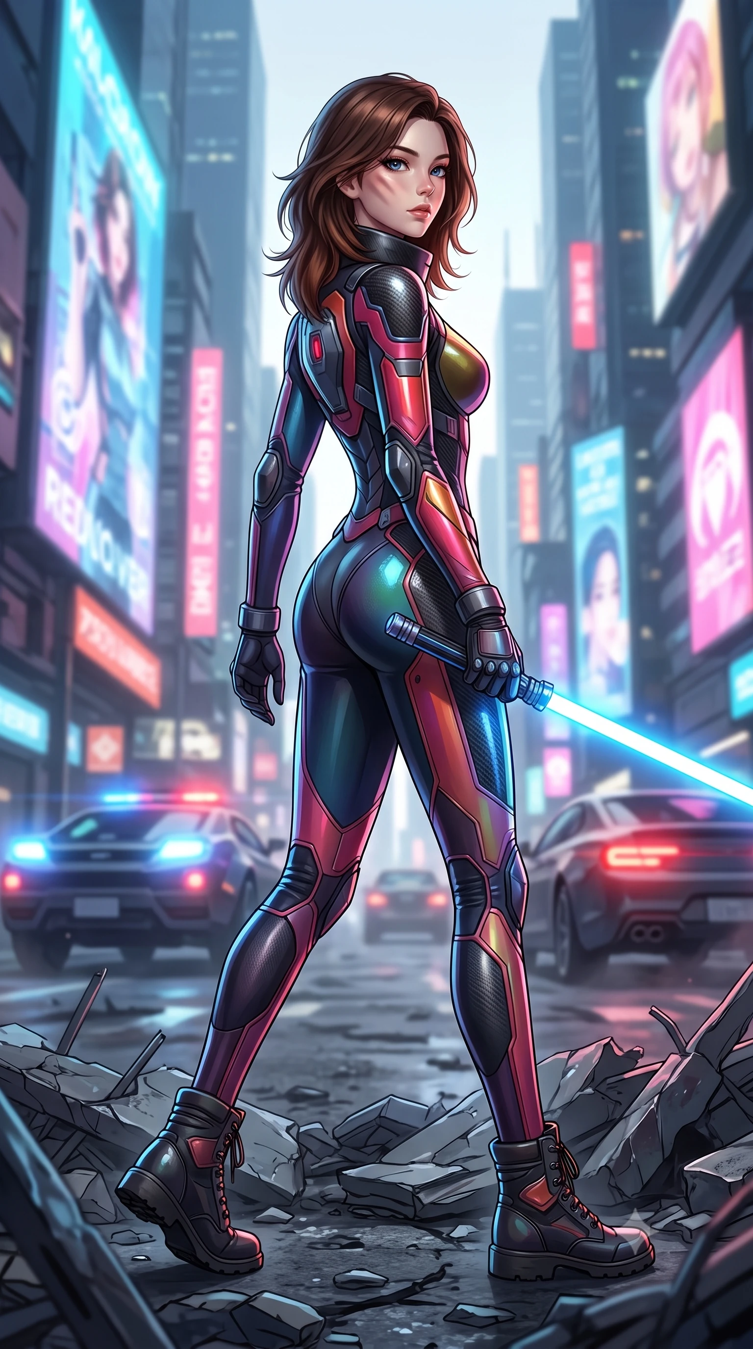 score_9, masterpiece, best quality, ultra-detailed, high-budget anime keyframe, editorial fashion photography, tasteful artistic composition, Korean woman. low angle full-body shot from head to toe showing her feet, filling the entire 9:16 vertical frame with her statuesque presence, stretching her vertical silhouette. stepping gracefully through battlefield debris with a glowing saber hilt in hand, looking back over her shoulder, the background shows a soft-focus a bustling future metropolis street with towering holographic advertisements. She has an absolutely perfect, statuesque 8.5-heads proportion, an exceptionally tall and slender model-like female figure with impossibly long slender legs and an ultra-slim waist. sharp v-shaped jawline, high-bridge nose, intricate jewel-like eyes with depth, thick eyelashes, glossy lips with a natural sheen. wearing a slim-fit heavy-duty hazard suit with carbon reinforcement panels, featuring a high-neck protective collar and safety boots. dynamic flashing lights from passing hover-cars casting moving shadows on her face. highly saturated vibrant anime colors, detailed shading with soft gradients, rich glossy textures, high-contrast stereoscopic depth, volumetric dynamic lighting, master piece, 9:16 ratio