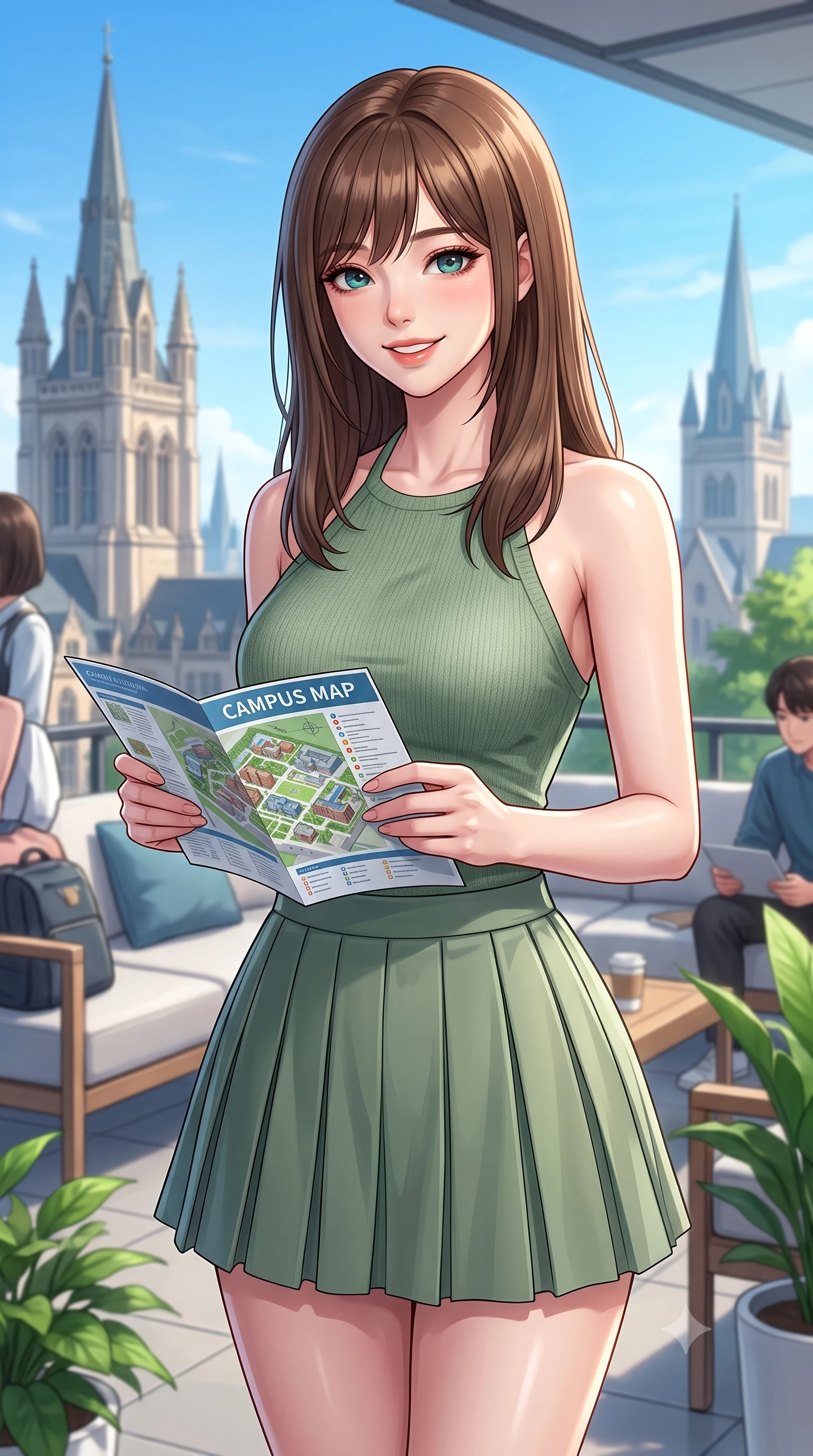 score_9, masterpiece, best quality, ultra-detailed, high-budget anime keyframe, editorial fashion photography, tasteful artistic composition, Korean woman. close-up cowboy shot from the waist and thighs up, the character dominates the composition, filling the frame with her large presence, background elements kept in soft focus. gazing at the camera with a warm, lovely smile and cute, friendly eye contact set against a soft-focus background of on a scenic campus rooftop terrace overlooking the university spires and a blue sky looking at a campus map brochure with a cheerful, curious look. She has an exceptionally elegant, slender, and willowy female figure with an ultra-slim waist, a gracefully sculpted slender torso, and a refined silhouette. sharp v-shaped jawline, high-bridge nose, intricate jewel-like eyes with depth, thick eyelashes, glossy lips with a natural sheen. wearing slim-fit tailored halter knit top in sage green, paired with a pleated mini skirt. cool morning sunlight creating a fresh, energetic ambiance. highly saturated vibrant anime colors, detailed shading with soft gradients, rich glossy textures, high-contrast stereoscopic depth, volumetric dynamic lighting, master piece, 9:16 ratio