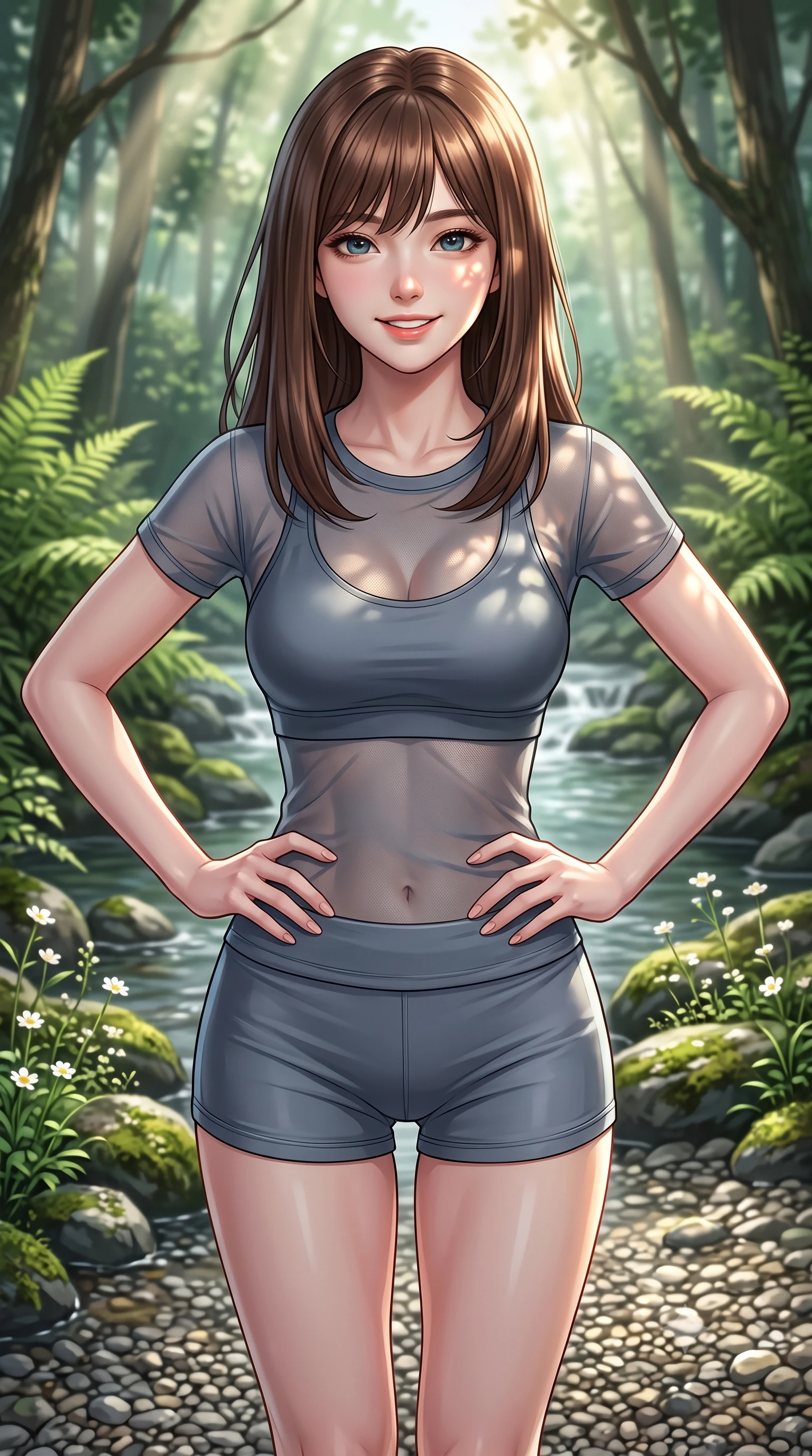 score_9, masterpiece, best quality, ultra-detailed, high-budget anime keyframe, editorial fashion photography, tasteful artistic composition, Korean woman. close-up cowboy shot from the waist and thighs up, the character dominates the composition, filling the frame with her large presence, background elements kept in soft focus. smiling with cute and bright self-assurance, looking directly at the viewer set against a soft-focus background of on a gravel bank of a forest stream surrounded by tall ferns and trees with small white wildflowers growing between the mossy river rocks. She has an exceptionally elegant, slender, and willowy female figure with an ultra-slim waist, a gracefully sculpted slender torso, and a refined silhouette. sharp v-shaped jawline, high-bridge nose, intricate jewel-like eyes with depth, thick eyelashes, glossy lips with a natural sheen. wearing slim-fit sheer mesh athletic top in slate grey, worn over a slim-fit sports bralette and shorts. volumetric sunbeams creating beautiful light shafts through the tree branches. highly saturated vibrant anime colors, detailed shading with soft gradients, rich glossy textures, high-contrast stereoscopic depth, volumetric dynamic lighting, master piece, 9:16 ratio