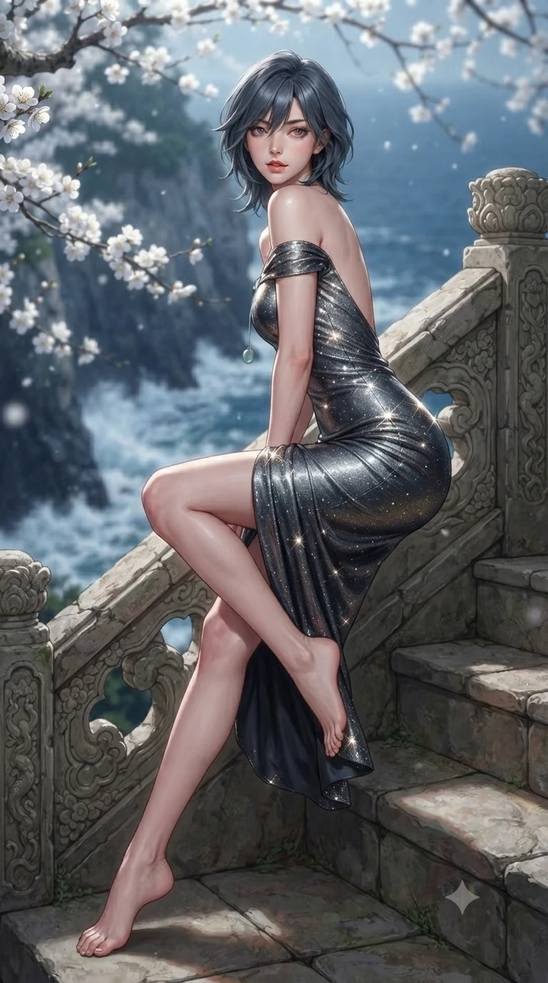 score_9, masterpiece, best quality, ultra-detailed, high-budget anime keyframe, editorial fashion photography, tasteful artistic composition, Caucasian woman. low angle full-body shot from head to toe showing her feet, filling the entire 9:16 vertical frame with her statuesque presence, stretching her vertical silhouette. sitting poised on the stone steps with one knee bent, arching her spine with supermodel elegance as she glances upward through thick eyelashes while perched sideways on the stone bench with legs crossed, looking over a bare shoulder with parted glossy lips in an irresistible siren gaze. The background shows a soft-focus cascading white plum blossoms, crashing ocean surf far below, and endless midnight sea horizon blurred into pure white, sapphire, and cobalt bokeh. She has an absolutely perfect, statuesque 8.5-heads proportion, an exceptionally tall and slender model-like female figure with impossibly long slender legs, an ultra-slim waist, a flat toned midriff, narrow delicate ribcage, and beautifully sculpted feminine hips creating a graceful, slim hourglass silhouette without any bulky heaviness. sharp v-shaped jawline, high-bridge nose, sparkling eyes with hypnotic seductive depth, thick curled eyelashes, glossy parted lips with a natural dewy peach sheen, alluring bedroom-eyes with an enchanting coquettish smile, exuding magnetic siren charisma and sophisticated glamour, flawlessly proportioned anatomical accuracy, strict slender model proportions, natural body alignment, perfectly sculpted long slender limbs, ultra-slim waistline, clean dynamic posture without body distortion. wearing a form-contouring off-shoulder modern hanbok midi dress with traditional curved neckline and low-back scoop in liquid mercury chrome and deep ink black, woven from metallic lurex thread casting radiant starlight glints across her silhouette, finished with a minimalist celadon porcelain pendant on a fine silk cord, the glove-like clinging cut tightly following the natural contour of her hips and long slender legs with youthful 8.5-heads elegance. bathed in brilliant 4500K celestial moonlight washing across white plum blossoms and carved stone balustrades. ultra-reflective glossy finish, specular highlights, rich textural contrasts, high-contrast stereoscopic depth, volumetric dynamic lighting, 2k, ultra detail, master piece, 9:16 ratio