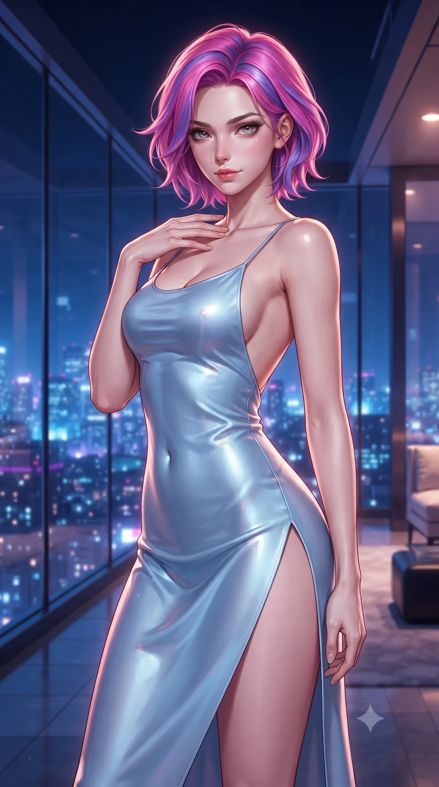 score_9, masterpiece, best quality, ultra-detailed, high-budget anime keyframe, editorial fashion photography, tasteful artistic composition, Caucasian woman. close-up cowboy shot from the waist and thighs up, the character dominates the composition, filling the frame with her large presence, background elements kept in soft focus. standing with one hand resting on her collarbone, looking at the viewer with bedroom-eyes the background shows a soft-focus a modern rooftop helicopter lounge with glass walls overlooking skyscrapers. She has an exceptionally elegant, slender, and willowy female figure with an ultra-slim waist, a gracefully sculpted slender torso, and a refined silhouette. sharp v-shaped jawline, high-bridge nose, intricate jewel-like eyes with depth, thick eyelashes, glossy lips with a natural sheen. wearing a body-hugging lightweight silk slip dress in baby blue with a high side slit and a low-cut back. glittering blue and violet city skyline lights contrasting with warm room lights. ultra-reflective glossy finish, specular highlights, metallic sheen, high-contrast stereoscopic depth, volumetric dynamic lighting, 2k, ultra detail, master piece, 9:16 ratio