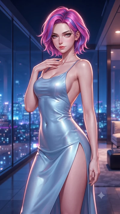 score_9, masterpiece, best quality, ultra-detailed, high-budget anime keyframe, editorial fashion photography, tasteful artistic composition, Caucasian woman. close-up cowboy shot from the waist and thighs up, the character dominates the composition,