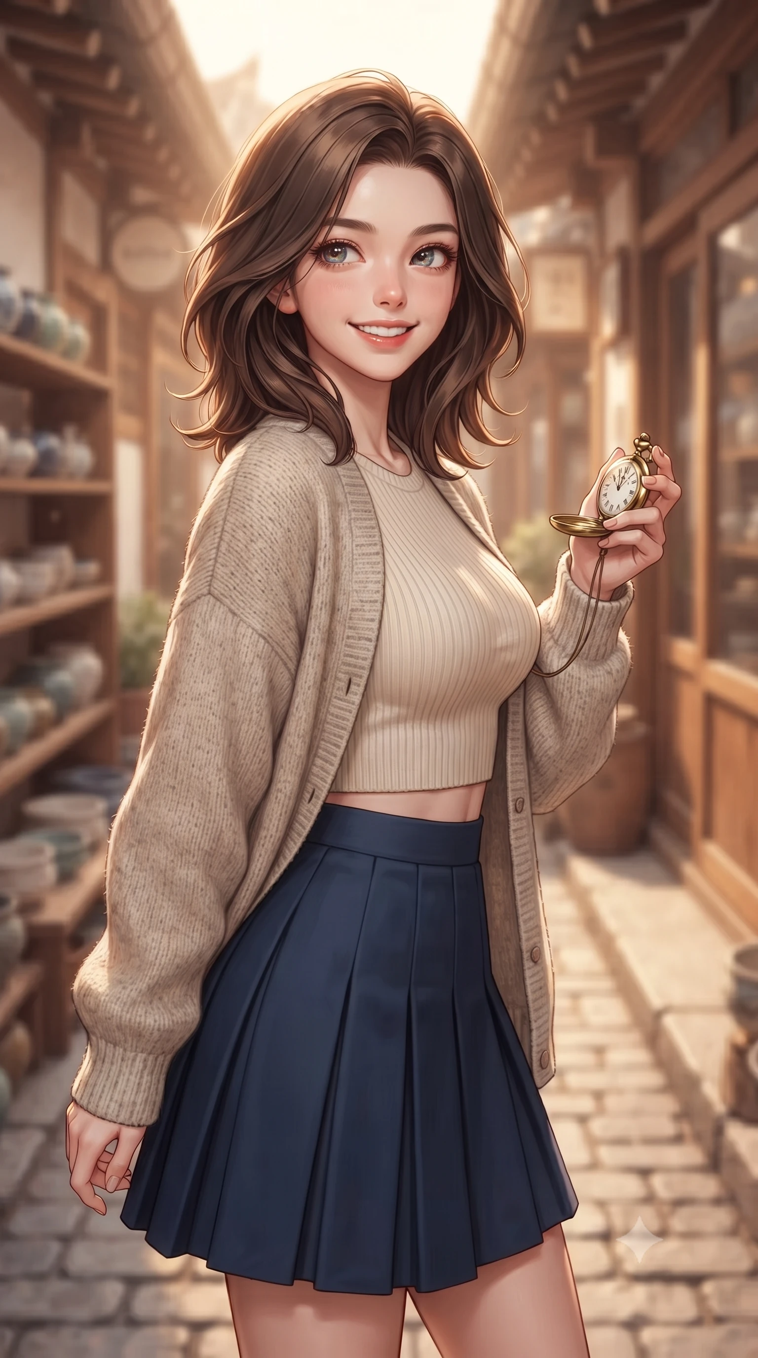 score_9, masterpiece, best quality, ultra-detailed, high-budget anime keyframe, editorial fashion photography, tasteful artistic composition, Korean woman. close-up cowboy shot from the waist and thighs up, the character dominates the composition, filling the frame with her large presence, background elements kept in soft focus. gazing past the camera with a happy, bright expression and a warm smile set against a soft-focus background of in a narrow cobblestone alley next to a cozy handmade pottery shop holding a vintage brass pocket watch with a curious, playful look. She has an exceptionally elegant, slender, and willowy female figure with an ultra-slim waist, a gracefully sculpted slender torso, and a refined silhouette. sharp v-shaped jawline, high-bridge nose, intricate jewel-like eyes with depth, thick eyelashes, glossy lips with a natural sheen. wearing body-hugging crop top under an open knit cardigan, paired with a high-waist pleated A-line skirt. soft diffused daylight creating a warm, cozy and nostalgic atmosphere. ultra-reflective glossy finish, specular highlights, metallic sheen, high-contrast stereoscopic depth, volumetric dynamic lighting, 2k, ultra detail, master piece, 9:16 ratio