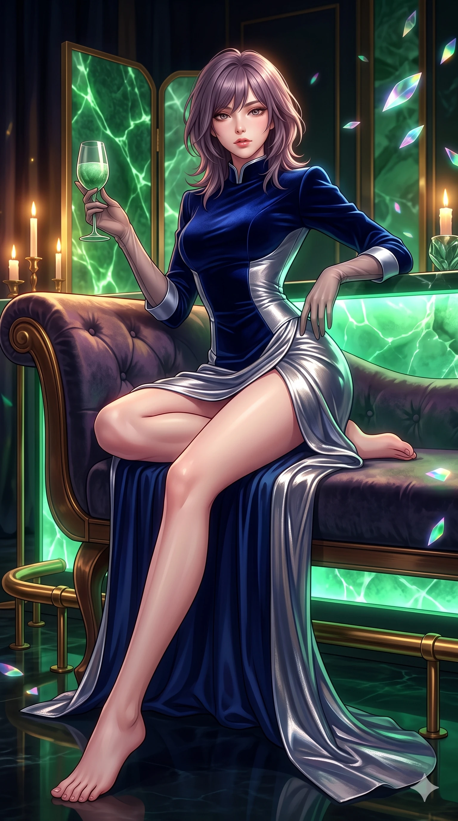 score_9, masterpiece, best quality, ultra-detailed, high-budget anime keyframe, semi-realistic 3D game render, editorial fashion photography, tasteful artistic composition, Japanese woman. low angle full-body shot from head to toe showing her feet, filling the entire 9:16 vertical frame with her statuesque presence, stretching her vertical silhouette. reclining on her side in an elegant Cleopatra pose with one knee drawn up, the dramatic contour of her rounded hips and long slender legs commanding the 9:16 vertical frame while standing poised beside the sculptural jade screen, arching her lower back with sovereign supermodel poise while holding a jade-stemmed glass. The surrounding environment is rendered in vivid detail and crisp panoramic clarity: sharp backlit jade stone veins, polished brass footrails, and crisp holographic petal geometries in deep focus. She has an exceptionally tall and slender model-like 8.5-heads proportion, an ultra-slim waist, a flat toned midriff, narrow delicate ribcage, and beautifully sculpted feminine hips creating a graceful, slim hourglass silhouette without any bulky heaviness, with impossibly long slender legs. sharp v-shaped jawline, high-bridge nose, intricate jewel-like sparkling eyes with depth, thick eyelashes, glossy parted lips with a natural sheen, intensely captivating and seductive bedroom-eyes expression, exuding both youthful cute charm and sovereign luxury allure, flawlessly proportioned anatomical accuracy, strict slender model proportions, natural body alignment, perfectly sculpted long slender limbs, ultra-slim waistline, clean dynamic posture without body distortion. wearing a tailored high-collar velvet evening coat dress with structural waist cinching and satin cuff accents in midnight sapphire blue and liquid platinum, crafted from luxurious metallic lamé that shifts radiance with every step, complemented by sheer opera-length evening gloves tracing her slender arms, the bespoke structured tailoring following the natural line of her 8.5-heads silhouette with refined elegance. bathed in the ethereal, soothing emerald-green luminescence of the backlit jade counter combined with warm candlelit accent lights. highly saturated vibrant anime colors, detailed shading with soft gradients, rich glossy textures, high-contrast stereoscopic depth, volumetric dynamic lighting, master piece, 9:16 ratio