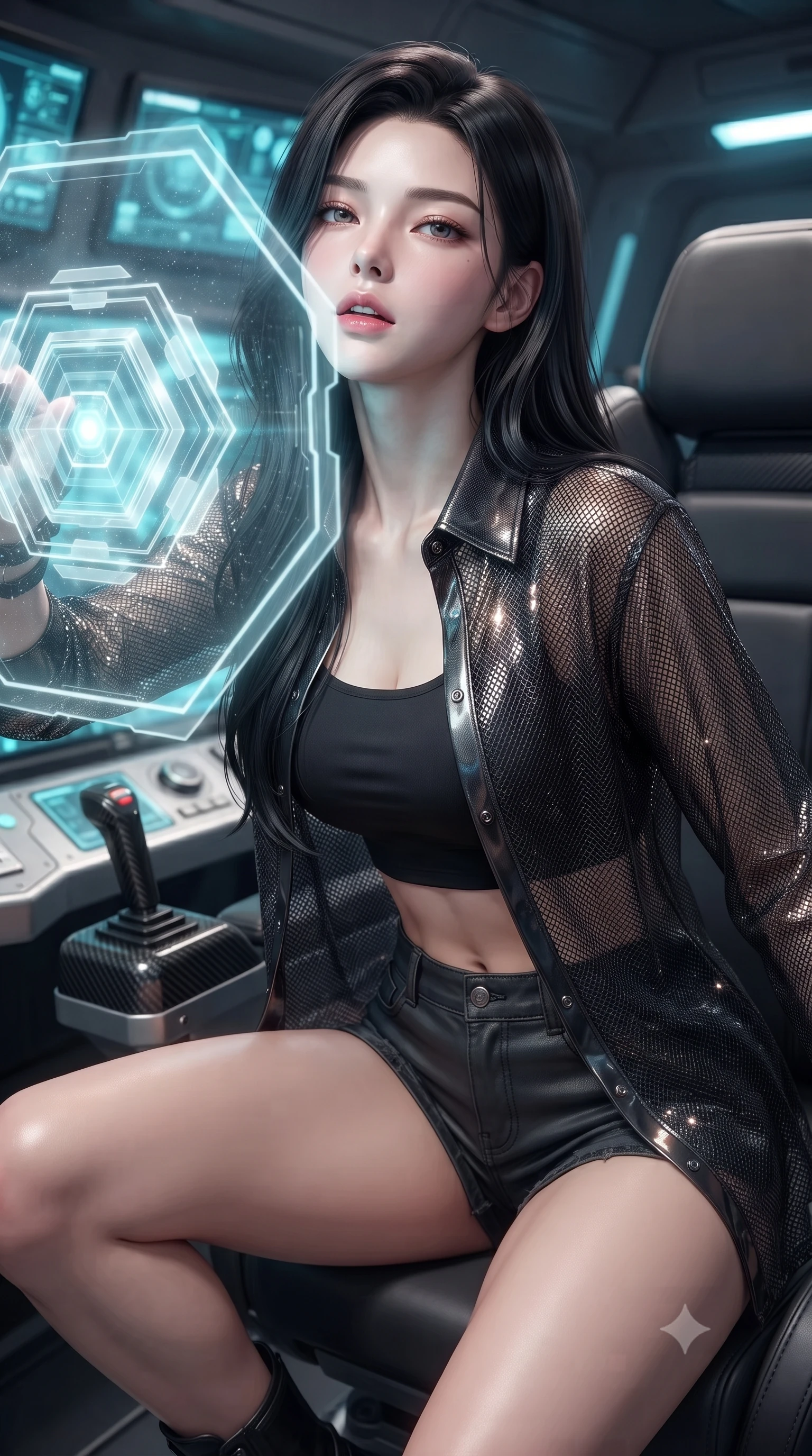 score_9, masterpiece, best quality, ultra-detailed, high-budget anime keyframe, editorial fashion photography, tasteful artistic composition, Korean woman. close-up cowboy shot from the waist and thighs up, the character dominates the composition, filling the frame with her large presence, background elements kept in soft focus. crouching slightly behind a glowing holographic shield emitter, looking up with defiance and lips slightly parted, the background shows a soft-focus a sub-marine pilot seat with carbon-fiber controls and silver dashboards. She has an exceptionally elegant, slender, and willowy female figure with an ultra-slim waist, a gracefully sculpted slender torso, and a refined silhouette. sharp v-shaped jawline, high-bridge nose, intricate jewel-like eyes with depth, thick eyelashes, glossy lips with a natural sheen. wearing a slim-fit lightweight carbon-mesh cover-up shirt worn open over a crop top and high-cut combat shorts. soft aqua telemetry starlight radiating from monitors onto her sharp jawline. ultra-reflective glossy finish, specular highlights, metallic sheen, high-contrast stereoscopic depth, volumetric dynamic lighting, 2k, ultra detail, master piece, 9:16 ratio