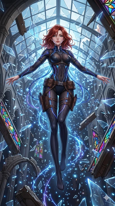 score_9, masterpiece, best quality, ultra-detailed, Set A: High-budget Anime Keyframe, Korean woman. Low angle cowboy shot filling the entire 9:16 frame with her statuesque presence. Floating through a shattered glass cathedral, as gravity fails and 