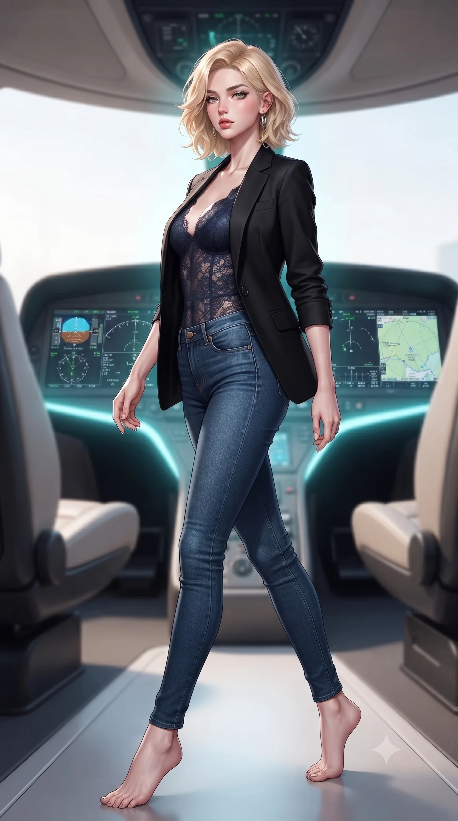 score_9, masterpiece, best quality, ultra-detailed, high-budget anime keyframe, editorial fashion photography, tasteful artistic composition, Caucasian woman. low angle full-body shot from head to toe showing her feet, filling the entire 9:16 vertical frame with her statuesque presence, stretching her vertical silhouette. stepping gracefully while looking back over her shoulder, her dress draped tightly to reveal her silhouette the background shows a soft-focus the pilot seat of a luxury helicopter with high-tech curved monitor screens. She has an absolutely perfect, statuesque 8.5-heads proportion, an exceptionally tall and slender model-like female figure with impossibly long slender legs and an ultra-slim waist. sharp v-shaped jawline, high-bridge nose, intricate jewel-like eyes with depth, thick eyelashes, glossy lips with a natural sheen. wearing a slim-fit semi-opaque dark lace bodysuit worn under a tailored open blazer and jeans. soft cyan glow radiating from the screens onto her sharp jawline. ultra-reflective glossy finish, specular highlights, metallic sheen, high-contrast stereoscopic depth, volumetric dynamic lighting, 2k, ultra detail, master piece, 9:16 ratio